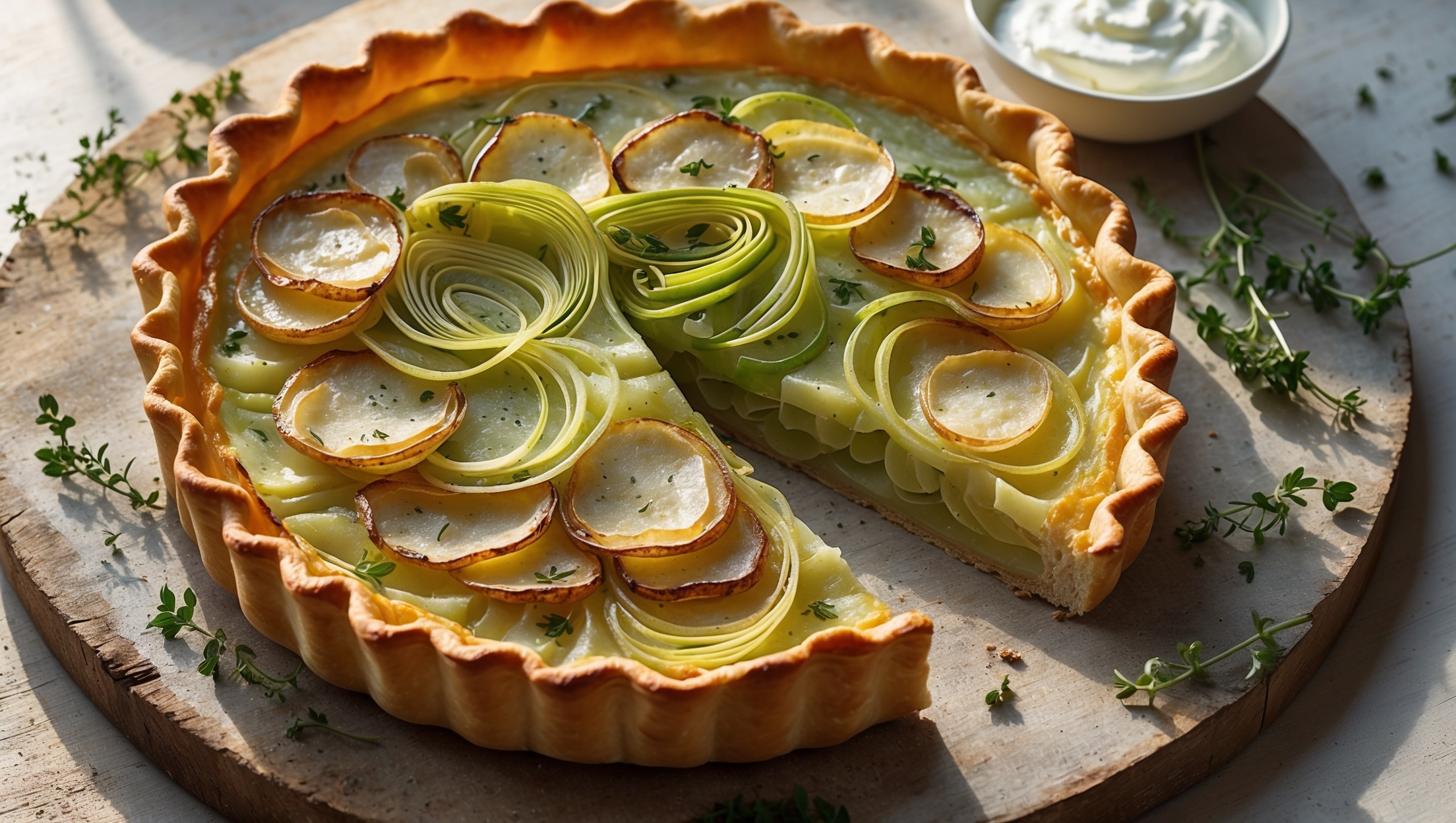 An overhead shot of a golden-brown Leek and Potato Tart resting on a weathered wooden serving board. The flaky pastry edges curl slightly upward, revealing the delicate arrangement of thinly sliced potatoes and vibrant green leeks visible through the glossy, set custard. Soft natural light streams across the scene, highlighting the caramelized edges of the vegetables and the speckles of fresh herbs throughout. In the background, a small bowl of crème fraîche and a scattering of fresh thyme sprigs add context, while a just-visible slice reveals the perfect layering of vegetables and the crisp base of the tart.