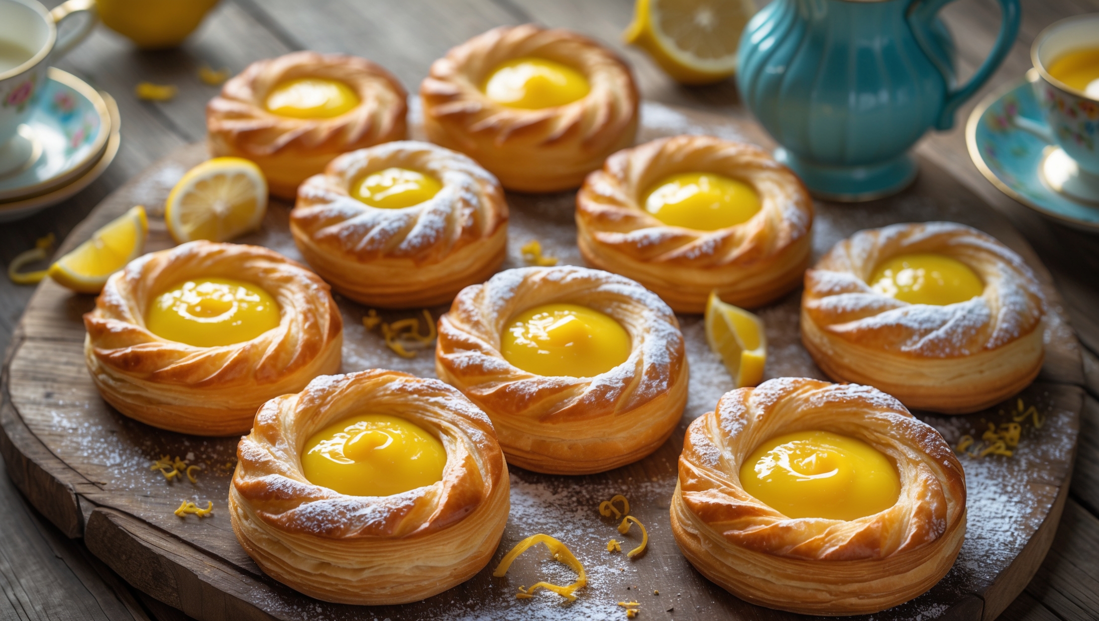 An overhead shot of golden-brown Danish pastries arranged on a rustic wooden serving board, each with a vibrant yellow pool of glossy lemon curd at the center. The pastries display perfectly laminated layers with a honeycomb-like structure visible along the edges. Soft natural morning light streams across the scene, highlighting the flaky, buttery texture and caramelized edges. A dusting of powdered sugar creates a beautiful contrast against the sunny yellow filling, while scattered lemon zest and a few fresh lemon slices add color and context. In the background, a vintage blue ceramic pitcher filled with cream sits alongside a delicate china teacup, suggesting these pastries are ready to be enjoyed with morning tea.