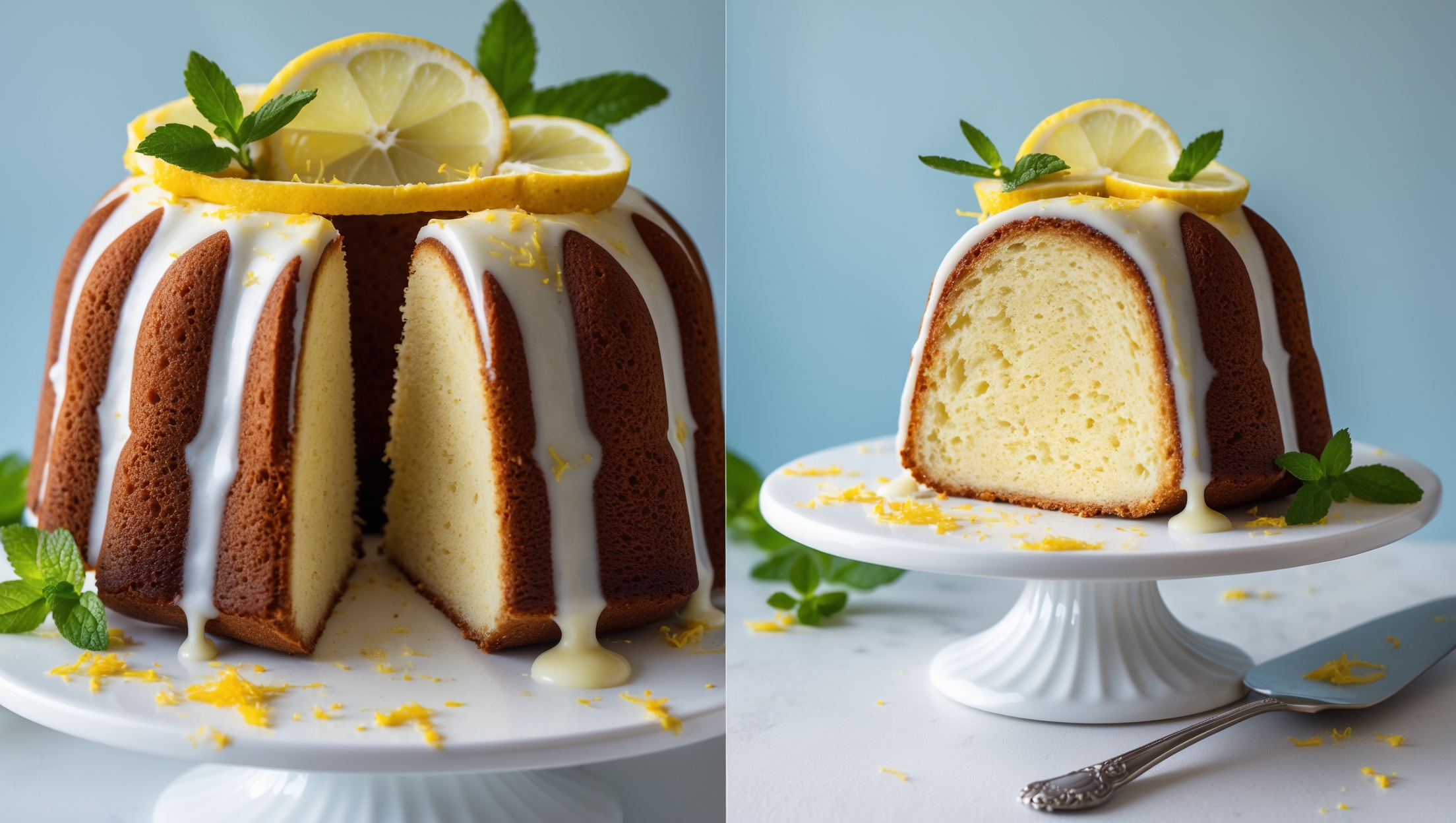 An elegant Bundt cake with deep golden-brown exterior photographed in soft natural light against a pale blue backdrop. A cross-section view reveals a tender, fine-crumbed interior with vibrant yellow flecks of zest throughout. The cake rests on a white ceramic pedestal, its signature ridged pattern highlighted by a translucent lemon glaze that cascades down the curves, pooling delicately at the base. Thin lemon slices and fresh mint leaves adorn the top, while scattered lemon zest provides color contrast. A vintage silver cake server rests beside a perfectly sliced piece, showcasing the cake's moist texture and subtle crumb pattern.