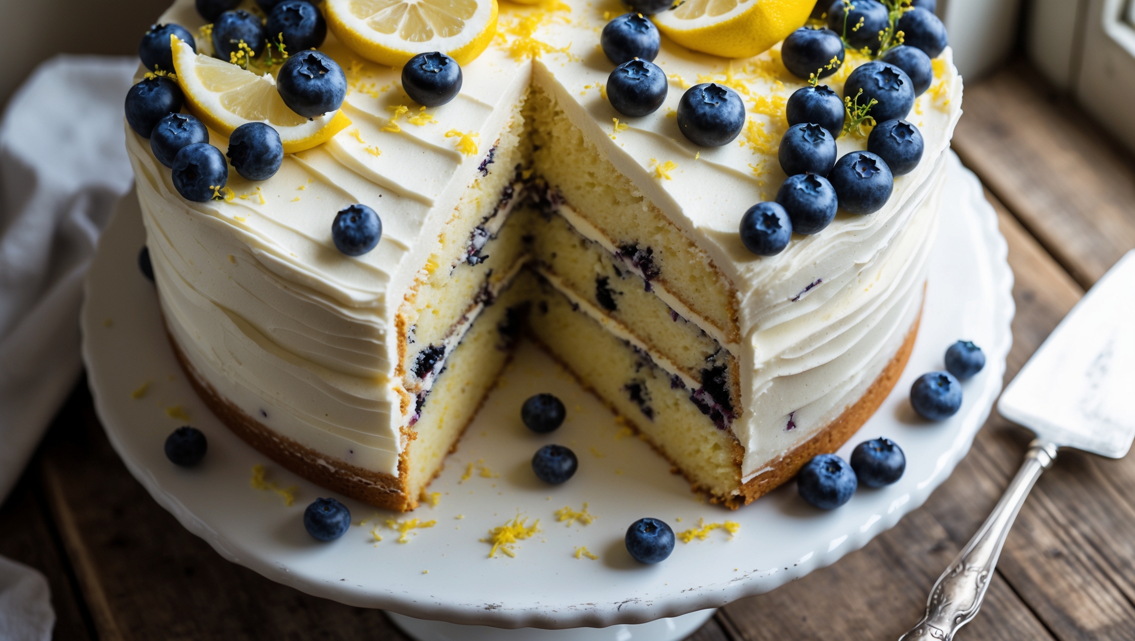 An overhead shot of a three-layer cake on a white ceramic cake stand, showcasing perfect cream cheese frosting with subtle swirls. A cross-section reveals moist yellow cake speckled with blueberries between each layer. The top is adorned with fresh blueberries, lemon slices, and a light dusting of lemon zest, creating vibrant color contrast. Soft natural light streams in from a nearby window, highlighting the cake's texture while casting gentle shadows on the rustic wooden table beneath. A vintage silver cake server rests alongside, ready to slice into this spring-inspired creation.