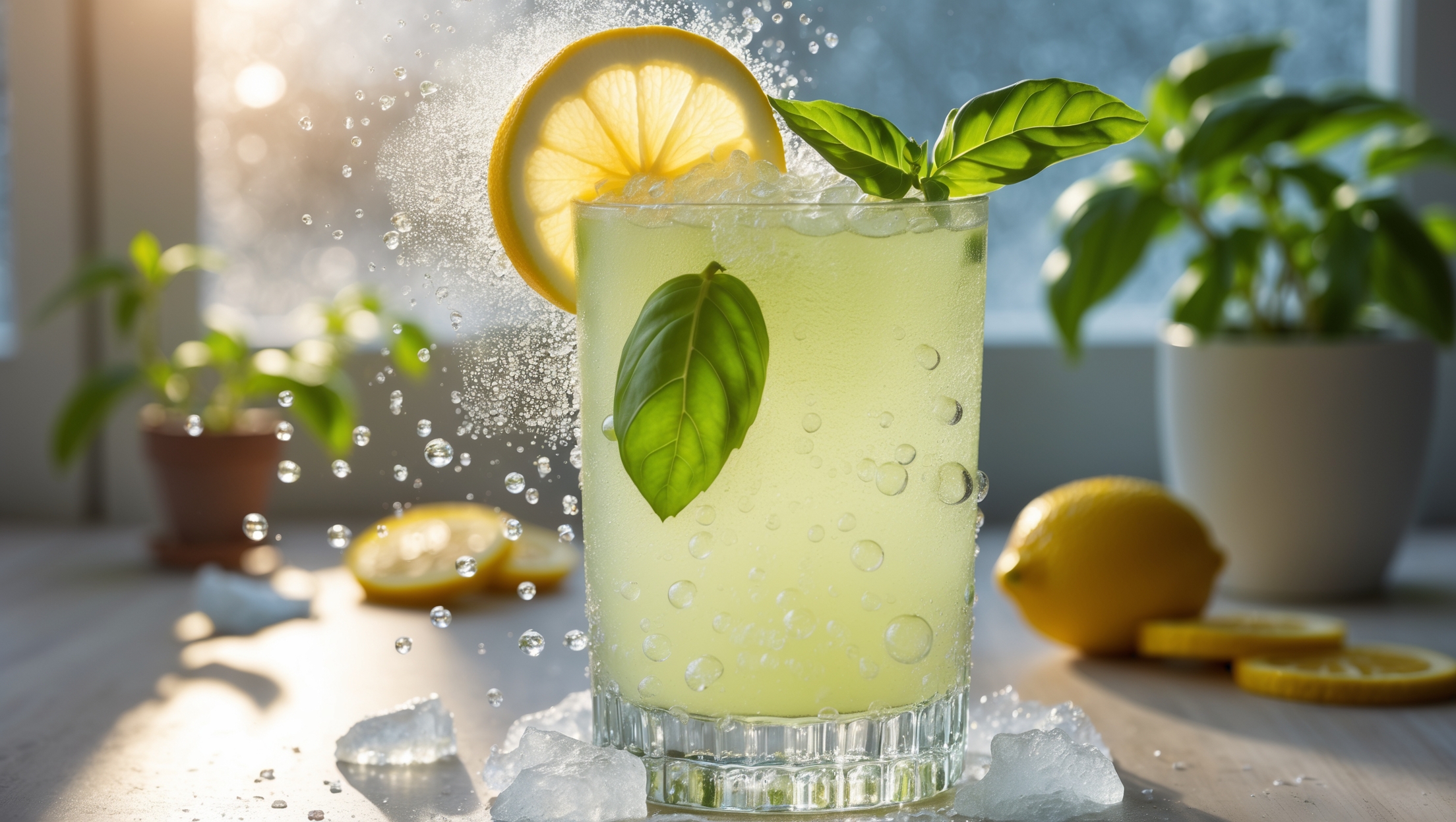 A crystal highball glass stands filled with a pale yellow-green mocktail garnished with vibrant basil leaves and a delicate lemon wheel perched on the rim. Bubbles rise energetically through the drink, catching the warm afternoon sunlight streaming through a nearby window. Chunks of clear ice create a frost on the glass exterior while crushed ice forms a glistening dome at the top. The background features blurred summer elements - a small potted basil plant and scattered lemon slices on a light wooden surface. Condensation beads dramatically down the sides, emphasizing the mocktail's refreshing appeal.