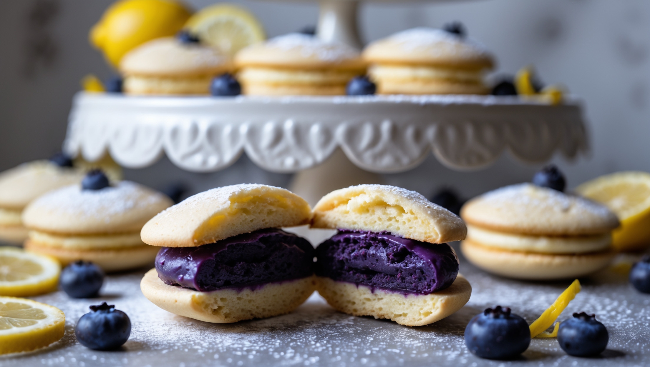 Close-up shot of a Lemon Blueberry Whoopie Pie cut in half, revealing the vibrant purple-blue filling contrasting beautifully against the pale yellow cookies. Soft natural light streams in from the side, highlighting the moist, cakey texture of the cookies and the creamy swirls of the blueberry filling. Several whole whoopie pies are arranged on a vintage white cake stand in the background, with fresh blueberries and lemon slices scattered artfully around the base. A light dusting of powdered sugar catches the light, creating a subtle glow on the cookie tops, while a few lemon zest curls add bright pops of yellow against the purple filling.