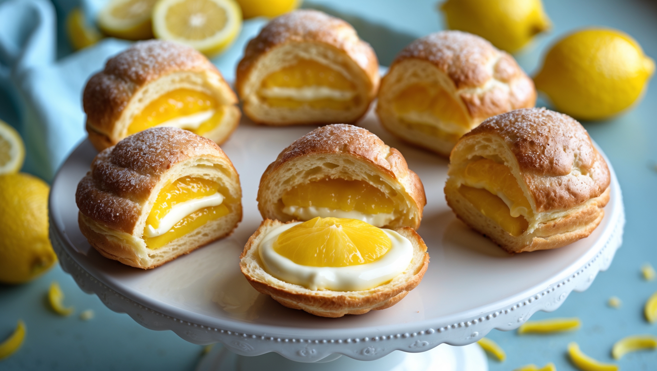 An overhead shot of golden-brown cream puffs arranged on a white porcelain cake stand, with several cut open to reveal bright yellow lemon cream filling. Soft natural light streams in from the left, highlighting the delicate sugar dusting on top of each puff. In the background, fresh lemons and scattered zest add vibrant yellow accents against a pale blue linen. A cross-section puff in the foreground showcases the perfect hollow center filled with smooth, glossy lemon cream, with the crisp choux pastry shell providing textural contrast.