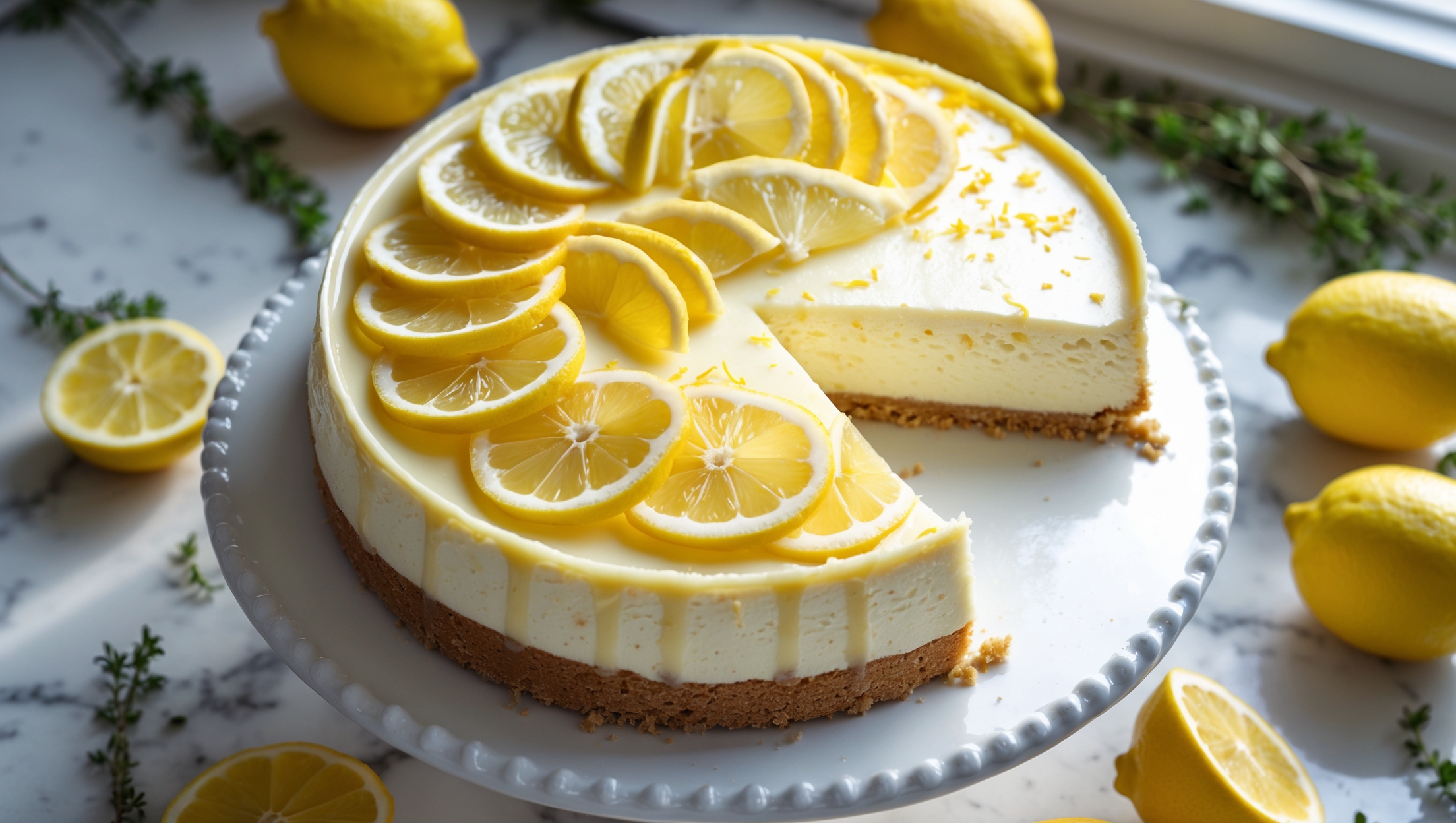 An overhead shot of a perfectly set lemon cheesecake on a white ceramic cake stand, its surface adorned with paper-thin lemon slices arranged in a spiral pattern. Soft natural light streams in from a nearby window, highlighting the cheesecake's creamy pale yellow interior revealed by a single slice being removed. The crisp golden biscuit base provides textural contrast against the silky filling, while tiny specks of lemon zest are visible throughout. A drizzle of glossy lemon glaze cascades down the sides, catching the light. In the background, scattered fresh lemons and sprigs of thyme create a rustic composition on a marble countertop, enhancing the cheesecake's bright, citrusy appeal.