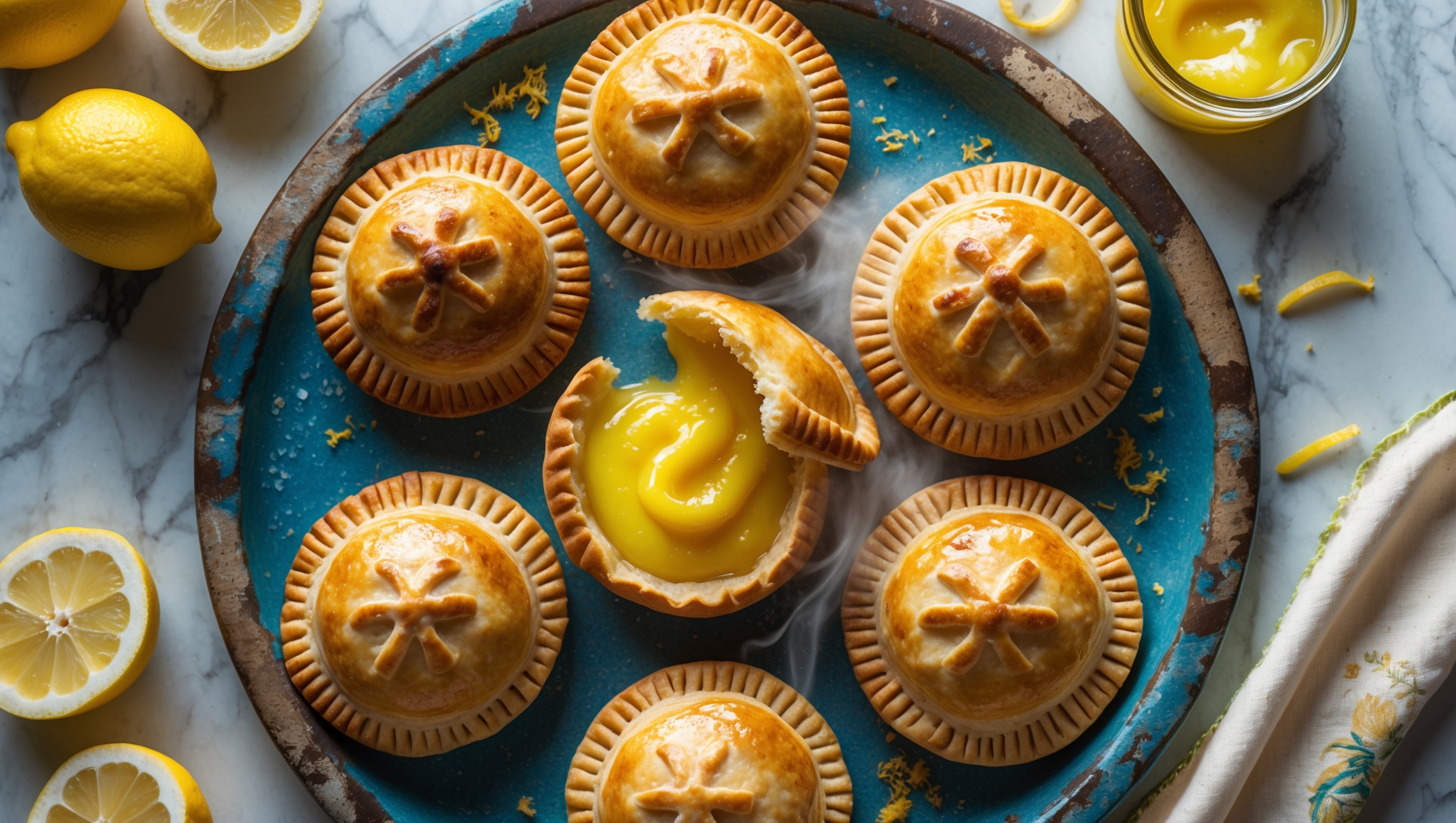 Overhead shot of golden-brown hand pies arranged on a weathered blue ceramic platter, with one pie broken open revealing the vibrant yellow lemon curd oozing slightly from the center. Soft natural light streams across the scene, highlighting the sugar-dusted, flaky pastry layers and glistening filling. In the background, fresh lemons and scattered zest provide color contrast against a marble countertop, while a vintage tea towel and small jar of extra lemon curd complete the styling. Steam rises gently from the freshly baked pies, suggesting their warmth and inviting aroma.