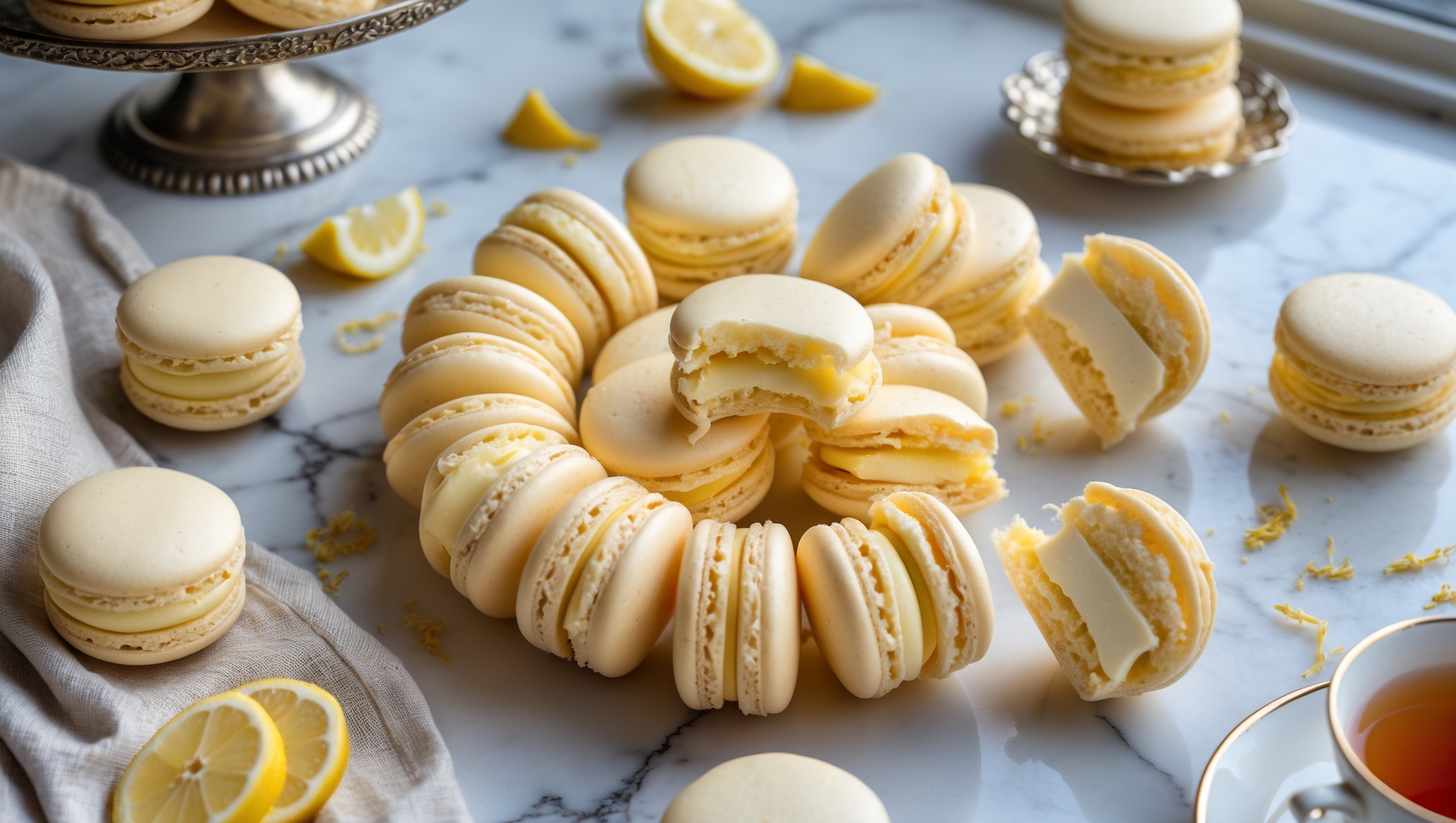 An overhead shot of perfectly formed lemon macarons arranged in a spiral pattern on a white marble surface, each displaying smooth domed tops with distinctive "feet" at the base. The pale yellow shells have a subtle sheen in the soft natural light streaming through a nearby window. A cross-section view reveals the airy interior texture and generous lemon buttercream filling that oozes slightly at the edges. Scattered lemon zest, fresh lemon slices, and a few whole macarons broken in half showcase the contrast between the crisp shell and creamy filling. A vintage silver cake stand holds a small stack of macarons in the background, while a cup of tea and linen napkin complete the elegant teatime setting.