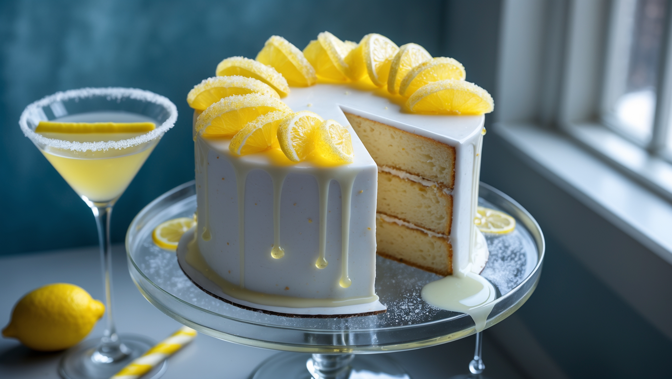 An elegant overhead shot of a tall, cylindrical white cake on a sleek glass cake stand, its surface glazed to a gentle sheen reminiscent of a cocktail's clarity. A cross-section reveals a moist, tender crumb with flecks of lemon zest throughout. The cake is crowned with translucent candied lemon slices arranged in a spiral pattern, sparkling with sugar crystals that catch the soft natural light streaming through a nearby window. A thin stream of clear vodka-lemon syrup drips artfully down one side, pooling slightly at the base. The styling includes a martini glass with a sugar rim and lemon twist placed alongside the cake, reinforcing the cocktail inspiration. The cool blue-toned background enhances the bright yellow accents, creating a sophisticated and refreshing visual that perfectly captures the essence of a Lemon Drop Martini.