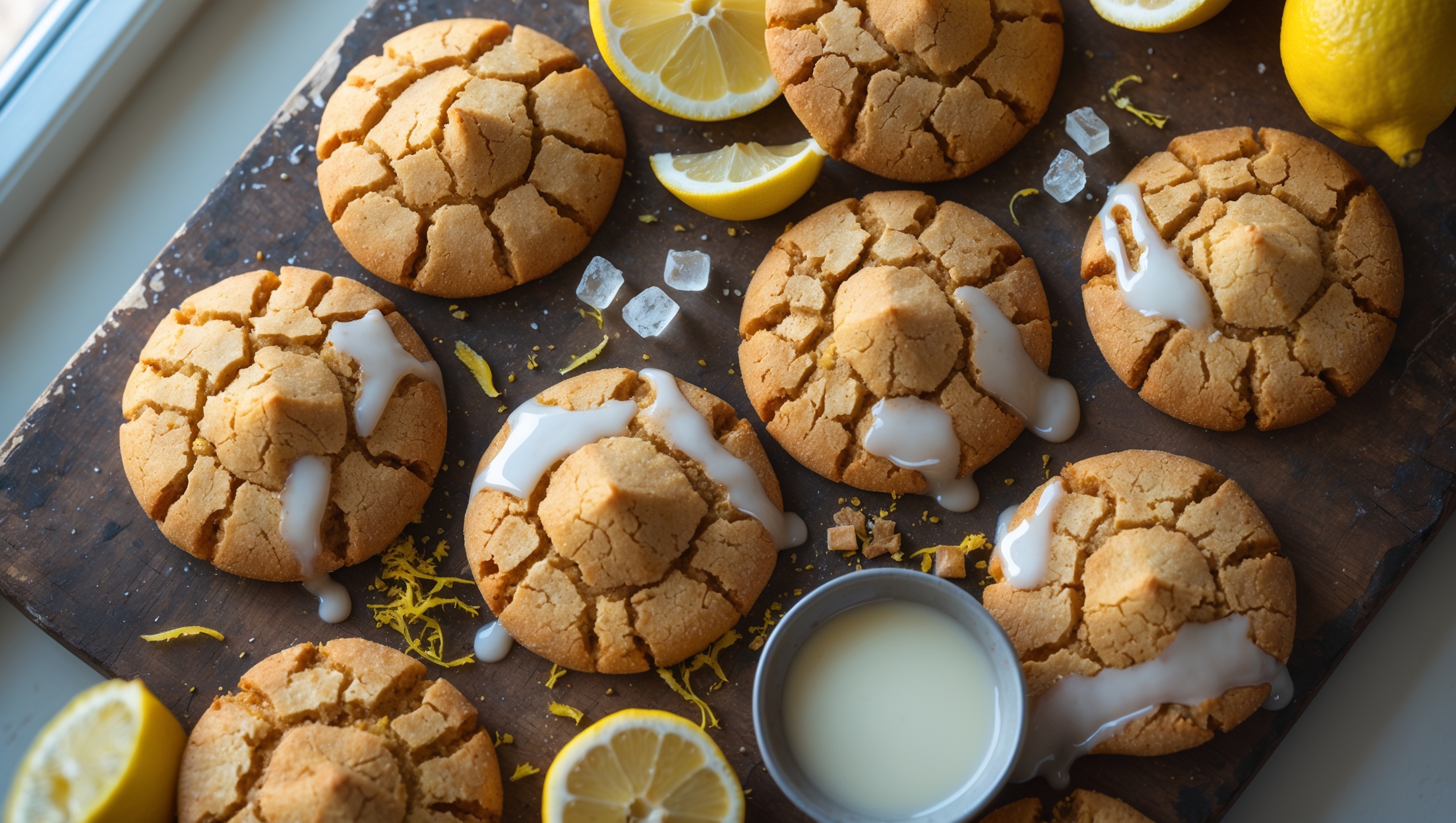 An overhead shot of golden-brown ginger cookies with distinctive crackled tops, each drizzled with a translucent lemon glaze that pools slightly and catches the soft natural light streaming through a kitchen window. A close-up reveals the chewy interior texture contrasted with the slightly crisp edges. The cookies are arranged on a weathered wooden board with fresh lemon slices, crystallized ginger pieces, and a small bowl of the remaining glaze nearby. A sprinkling of lemon zest adds vibrant yellow specks against the warm amber tones of the cookies, while steam rises subtly from a freshly baked batch, suggesting they're still warm from the oven.