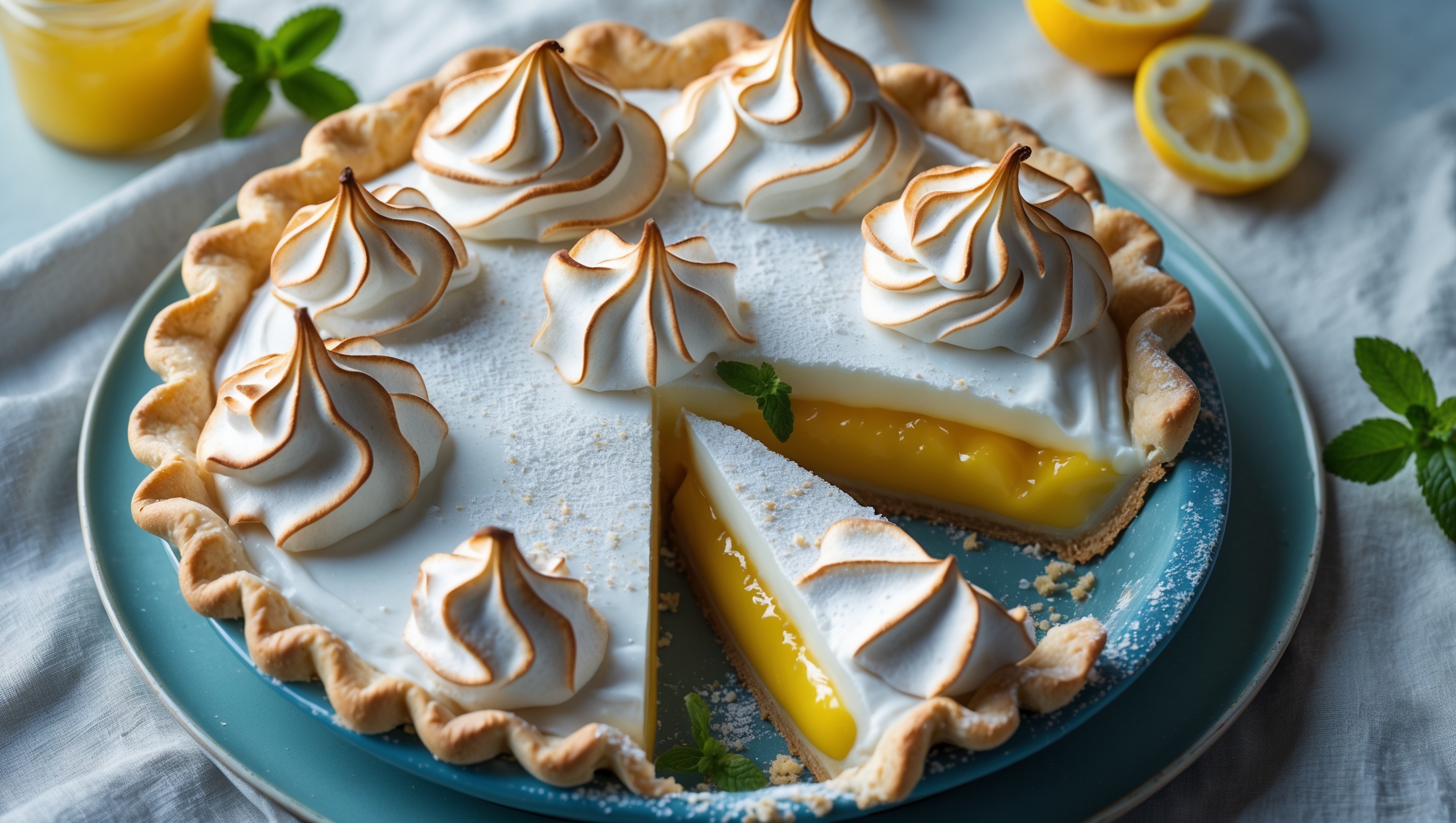 An overhead shot of a perfectly baked lemon meringue pie with golden-brown peaks of meringue creating dramatic swirls and waves across the surface. A slice has been removed, revealing vibrant yellow lemon filling that glistens in soft natural light. The shortcrust pastry edge appears crisp and golden, with tiny flecks of butter visible in the perfectly baked crust. The pie sits on a vintage blue ceramic plate against a light linen tablecloth, with fresh lemon slices and a sprig of mint positioned artfully beside it. A dusting of powdered sugar catches the light, while a small jar of lemon curd sits blurred in the background.