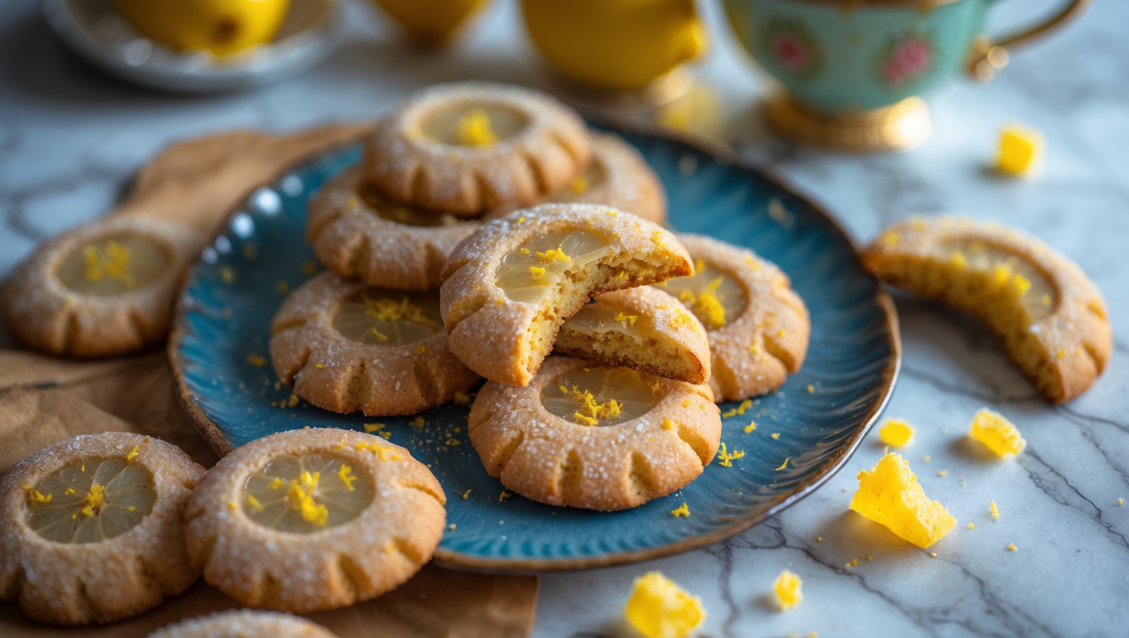 An overhead shot of golden-brown Lemon Ginger Cookies arranged in a spiral pattern on a rustic blue ceramic plate, with a few cookies broken in half to showcase their chewy centers studded with crystallized ginger pieces. Soft natural light streams across the scene, highlighting the sugar-crusted tops that sparkle with lemon zest flecks. In the background, blurred elements include a vintage tea cup, fresh lemons, and scattered pieces of crystallized ginger on a marble countertop. The cookies' slightly crackled tops reveal their perfect texture—crisp edges giving way to tender, aromatic centers with visible specks of bright yellow zest contrasting against the warm golden cookie.