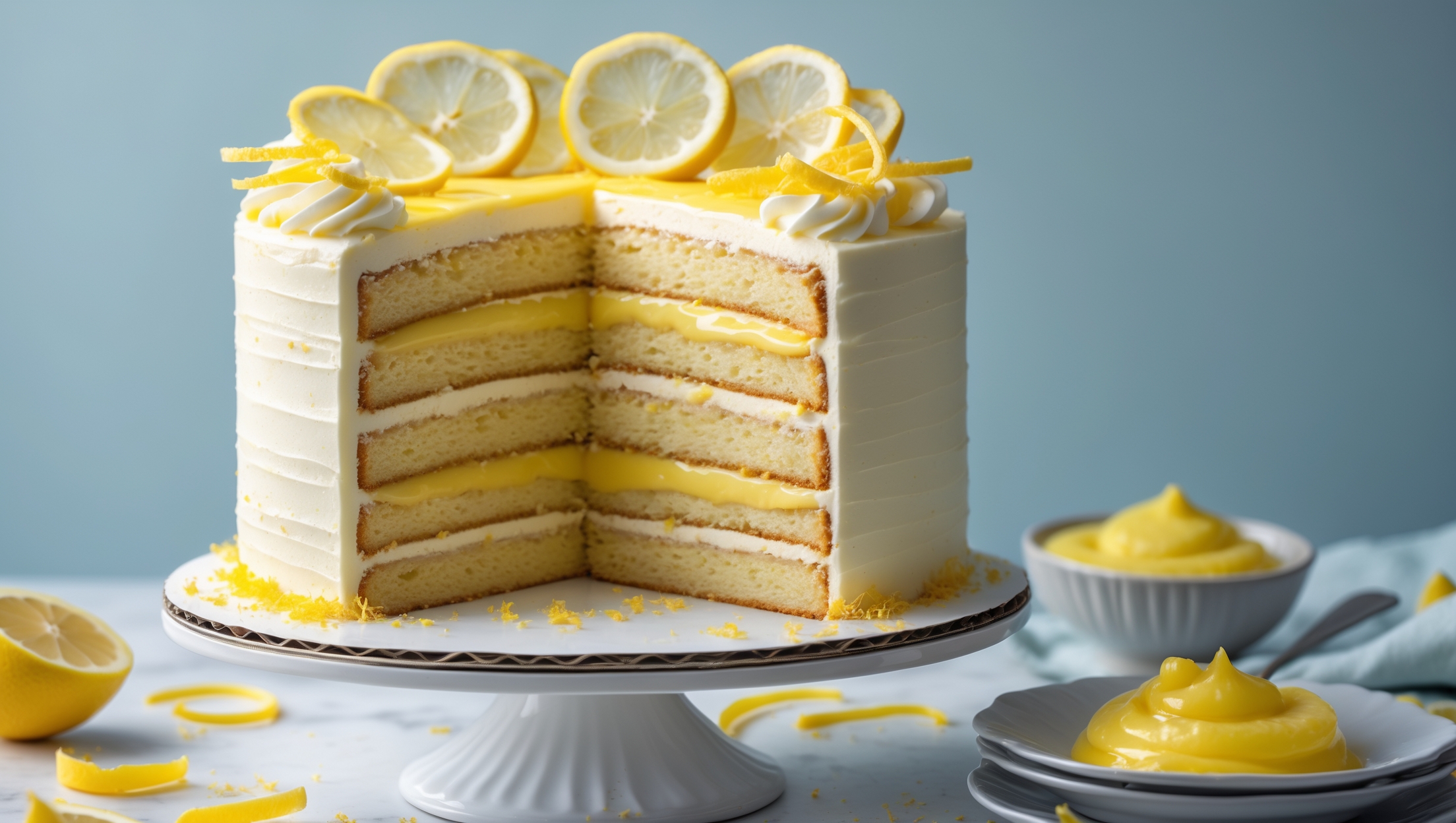 An elegant three-layer lemon cake photographed in soft natural light against a pale blue backdrop. The cross-section view reveals moist yellow cake layers separated by bright yellow lemon curd, all enveloped in pale yellow buttercream frosted with subtle texture. Thin lemon slices crown the top, while candied lemon peel curls add dimension. A slice has been removed, showcasing the perfect layers and moist crumb. The cake sits on a white ceramic cake stand, with scattered fresh lemon zest and a small bowl of lemon curd visible in the frame's corner, emphasizing the cake's fresh citrus essence.