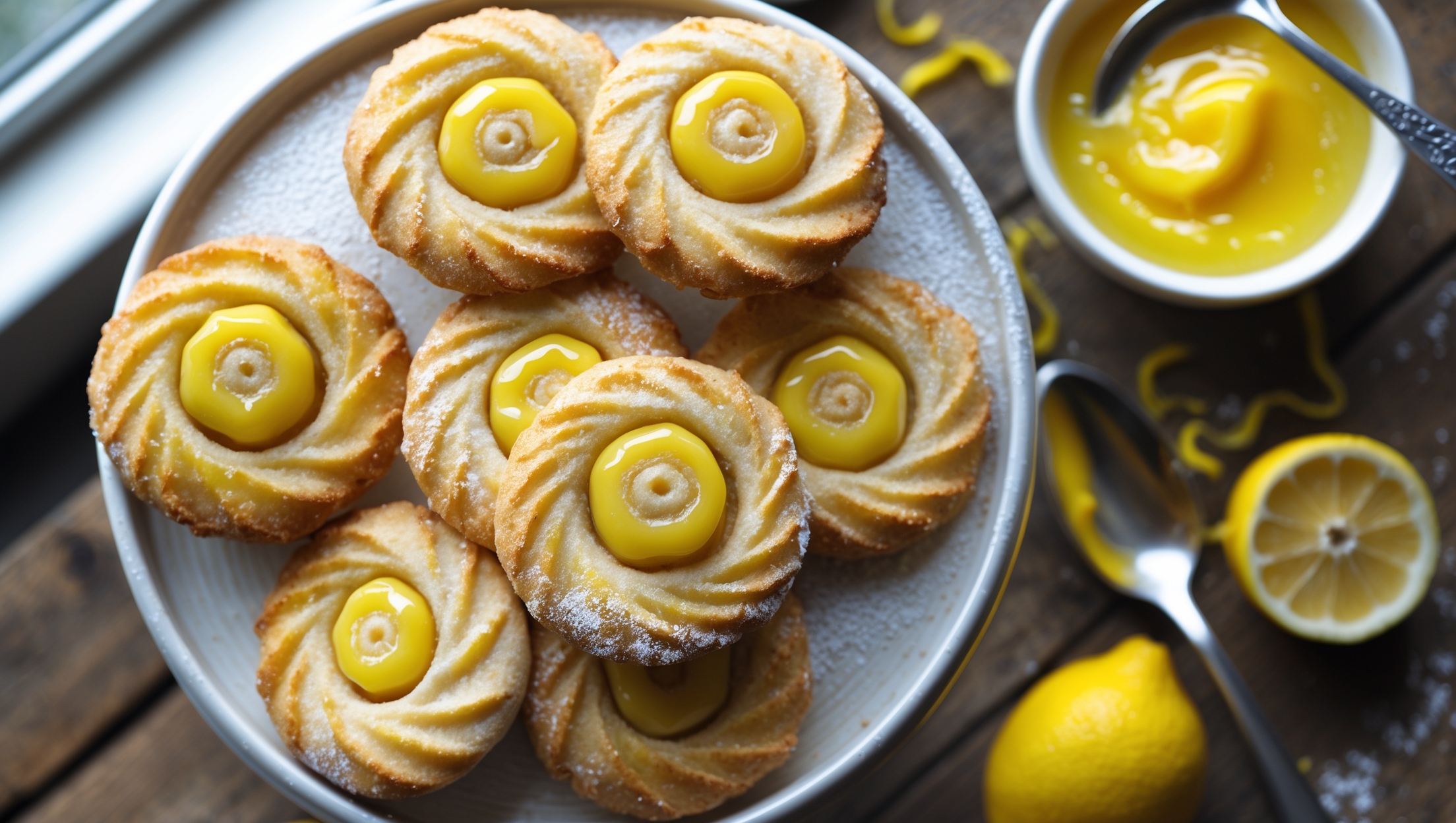 An overhead shot of golden-brown lemon curd pinwheels arranged on a white ceramic cake stand, with one cookie placed on its side to showcase the perfect yellow and golden spiral pattern. Soft natural light streams in from a nearby window, highlighting the sugary sparkle on the cookies' edges. A small bowl of bright yellow lemon curd sits nearby with a silver spoon resting across it, while scattered lemon zest and a halved lemon provide color contrast against the rustic wooden table surface. A sprinkling of powdered sugar dusts some of the cookies, creating a delicate visual texture that complements the intricate swirl pattern visible in each pinwheel.