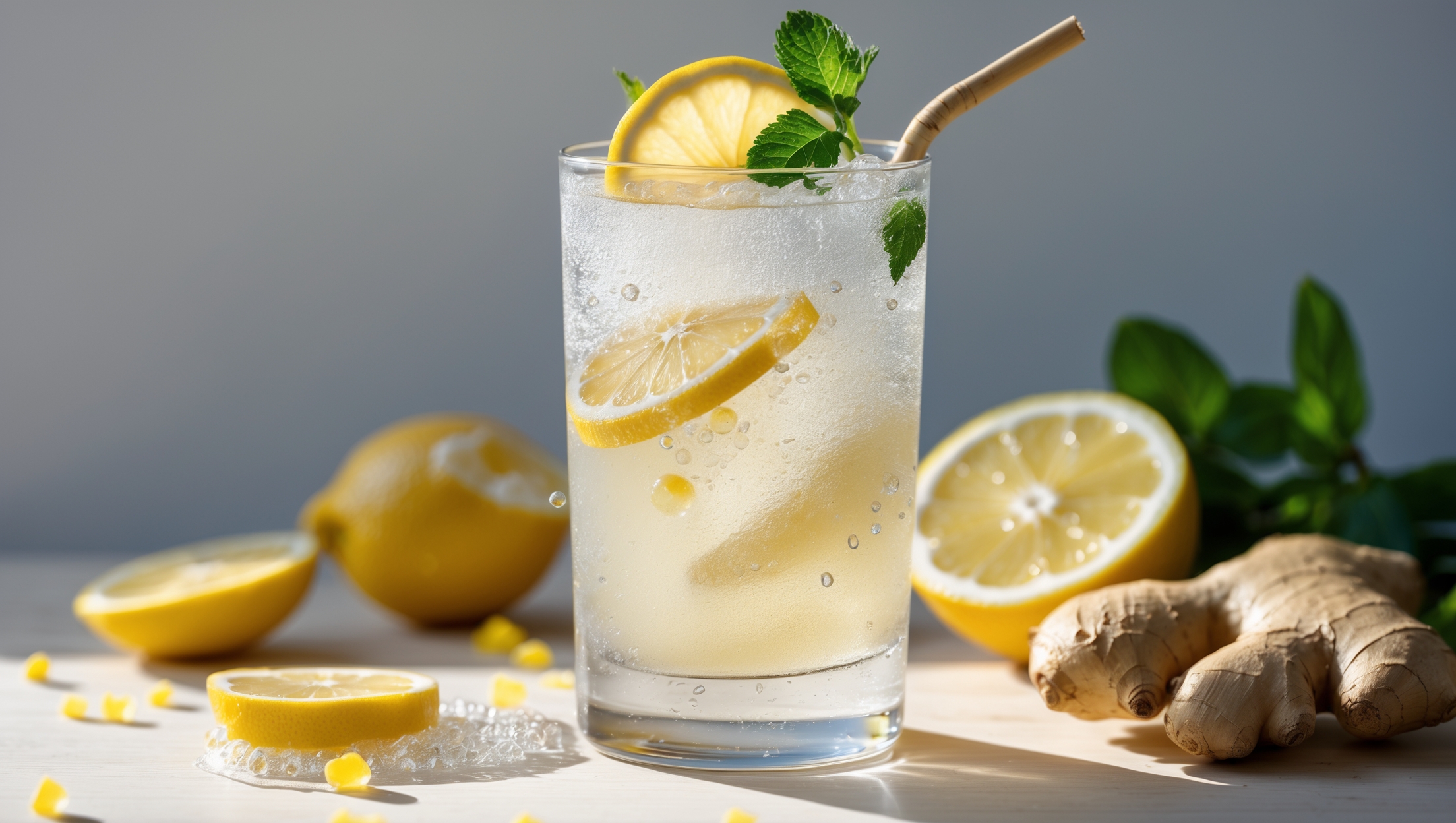 A tall, crystal-clear highball glass filled with the pale golden Lemon Ginger Zing Mocktail captured in bright natural daylight. Ice cubes glisten as bubbles rise through the drink, creating a dynamic visual effect. A thin slice of lemon and fresh ginger float on top, with a sprig of mint adding a pop of green. Condensation beads on the outside of the glass suggest refreshing coolness, while a bamboo straw leans against the rim. The drink is positioned on a light wooden surface with scattered fresh ginger pieces and lemon wedges artfully arranged nearby, emphasizing the natural ingredients that create its signature spicy-citrus flavor profile.