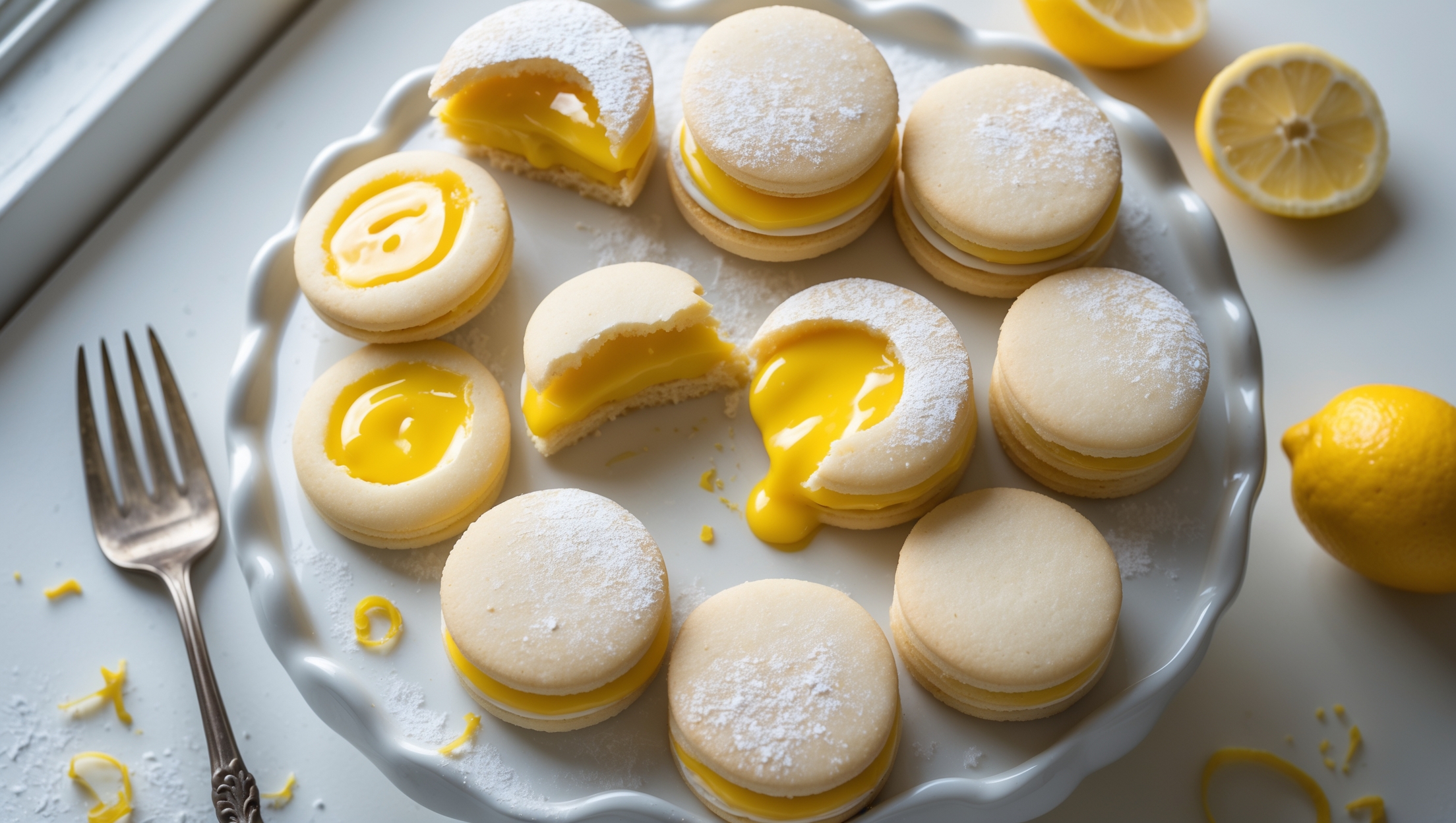 An overhead shot of perfectly round lemon curd sandwich cookies arranged in a spiral pattern on a white ceramic cake stand, with one cookie broken in half to reveal the bright yellow lemon curd filling oozing slightly at the edges. Soft natural light streams in from a side window, highlighting the cookies' light golden edges and the curd's glossy shine. A vintage silver dessert fork rests nearby, along with scattered lemon zest and a fresh cut lemon for context. The contrast between the pale shortbread cookies and vibrant yellow filling creates a striking visual, while the dusting of powdered sugar adds a delicate finishing touch.