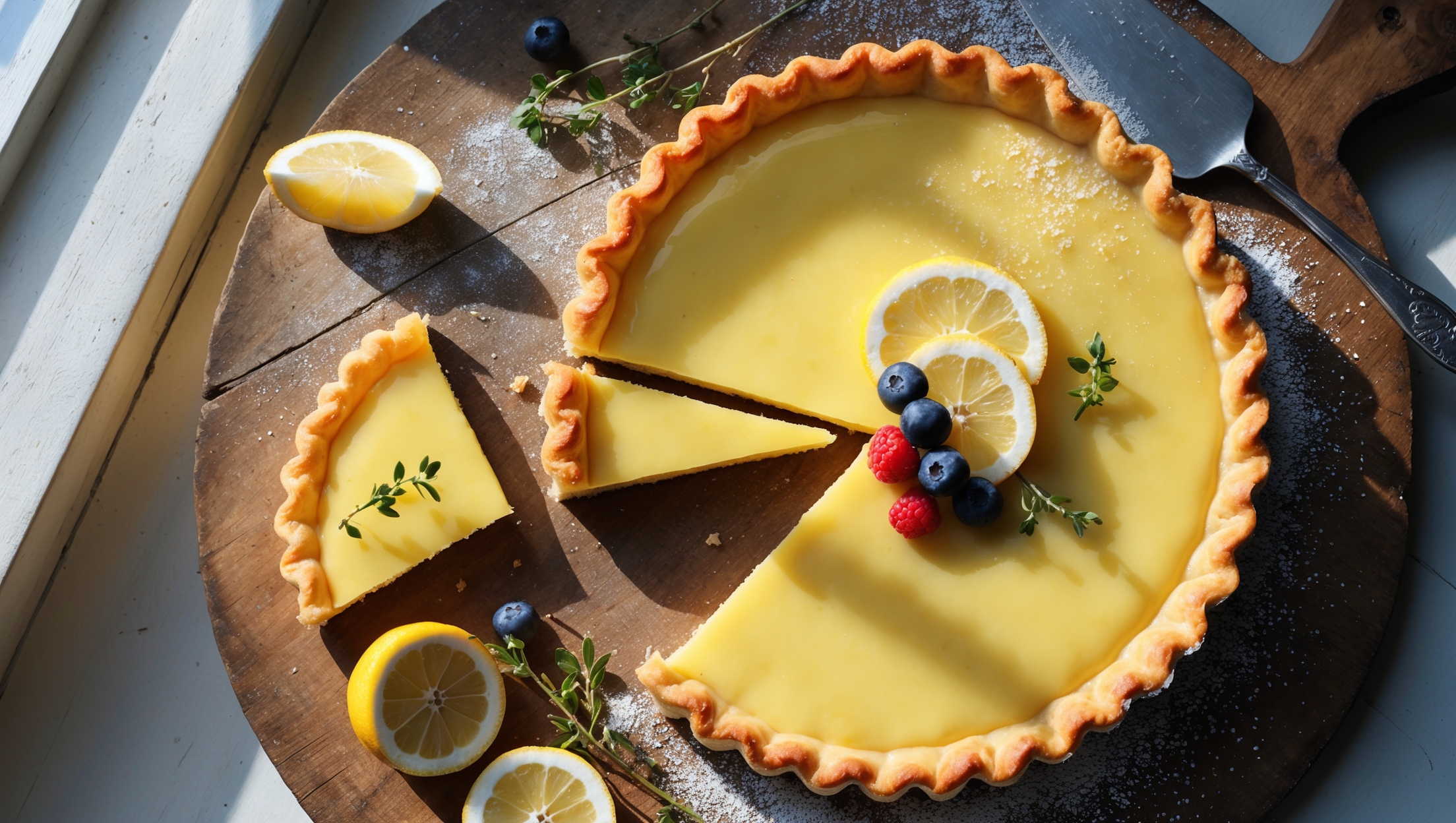 Overhead view of a golden-brown shortcrust tart with a glossy, pale yellow lemon custard filling that catches the soft natural light streaming through a nearby window. The tart rests on a weathered wooden serving board, with a perfectly cut slice revealing the smooth, velvety texture of the custard against the crisp pastry edge. Scattered lemon slices, fresh berries, and a light dusting of powdered sugar create visual contrast against the sunny yellow filling. A vintage silver cake server sits alongside, ready to lift the next slice, while sprigs of fresh thyme add subtle color variation and hint at the sophisticated flavor profile.
