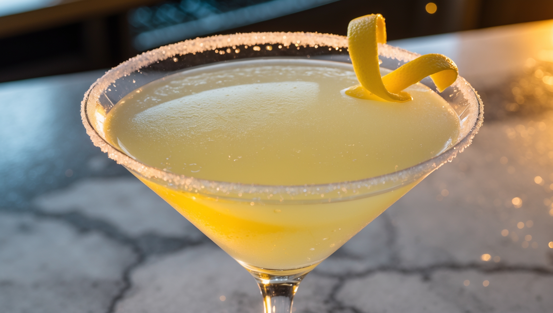 A crystal-clear martini glass photographed from a 45-degree angle, showcasing the pale yellow Lemon Drop Martini with a sugar-rimmed edge that catches the light. The cocktail's surface reveals a slight shimmer from the freshly strained liquid, while a twisted lemon peel garnish rests elegantly on the rim. Golden hour lighting creates a warm glow through the drink, highlighting its clarity and citrus essence. Small droplets of condensation form on the outside of the glass, suggesting the drink's perfectly chilled temperature. A white marble bar surface below provides elegant contrast to the vibrant cocktail.