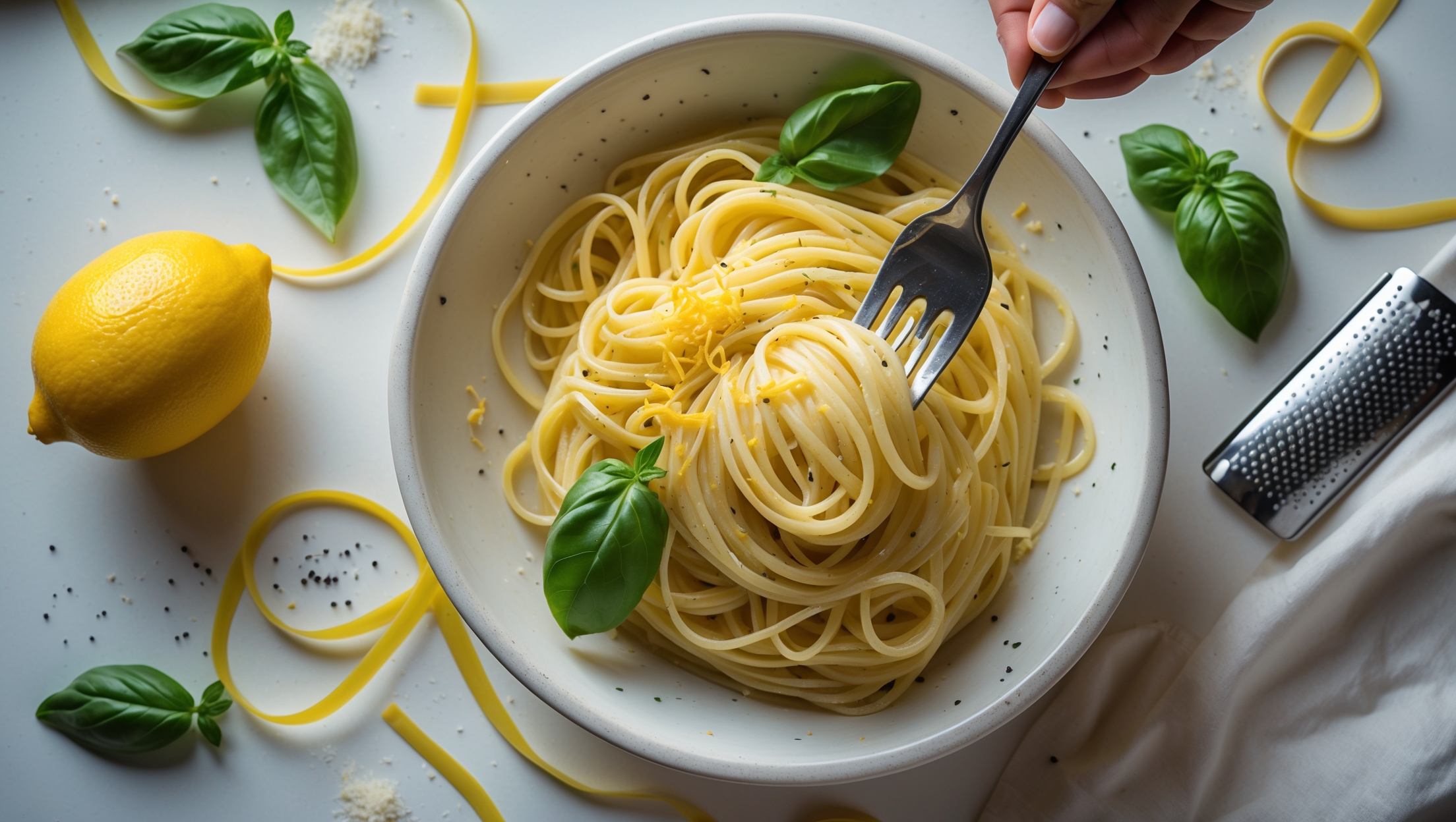 An overhead shot of a shallow white ceramic bowl filled with glossy lemon pasta, twirled into a perfect nest. Thin ribbons of lemon zest and fresh basil leaves are scattered across the top, providing vibrant color contrast against the pale yellow pasta. A half lemon and microplane grater sit nearby, suggesting freshness. A fork lifts a twirl of pasta, capturing the silky, butter-coated strands catching the soft natural light streaming through a kitchen window. Flecks of black pepper and a light dusting of Parmesan are visible, emphasizing the simple yet luxurious nature of this quick pasta dish.