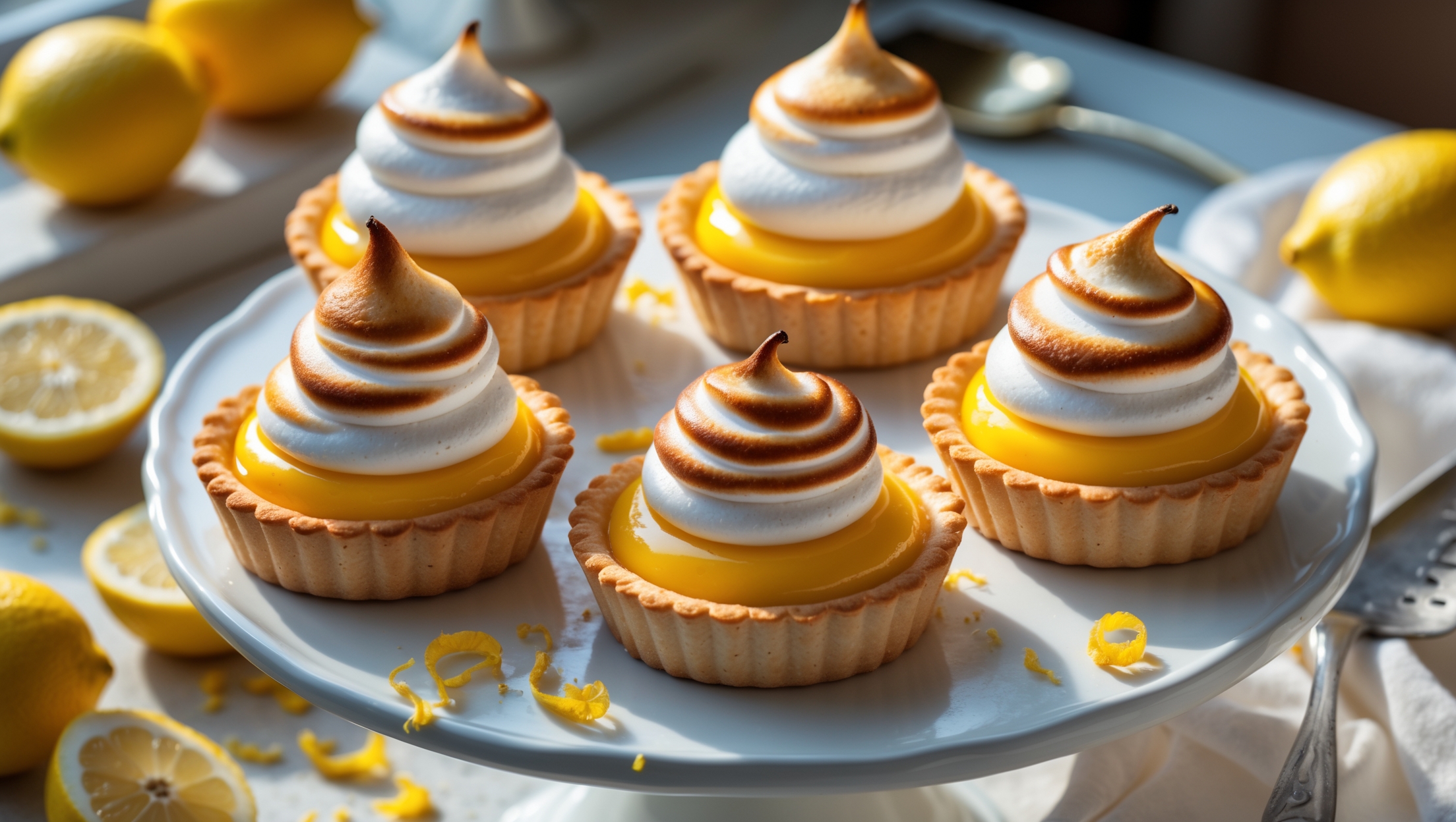 An overhead shot captures six golden-brown tartlet shells arranged on a white ceramic cake stand, each filled with vibrant yellow lemon curd and topped with perfectly toasted meringue peaks. The meringue shows beautiful caramelization gradients from ivory to deep amber, with some peaks curling elegantly. Natural window light casts subtle shadows that highlight the textural contrast between the crisp pastry, smooth curd, and cloud-like meringue. In the background, fresh lemons and scattered lemon zest provide context, while a vintage silver serving spatula rests nearby. A cross-section of one tartlet reveals the distinct layers - the shortcrust pastry base, the glossy sunshine-yellow curd, and the airy meringue crown.
