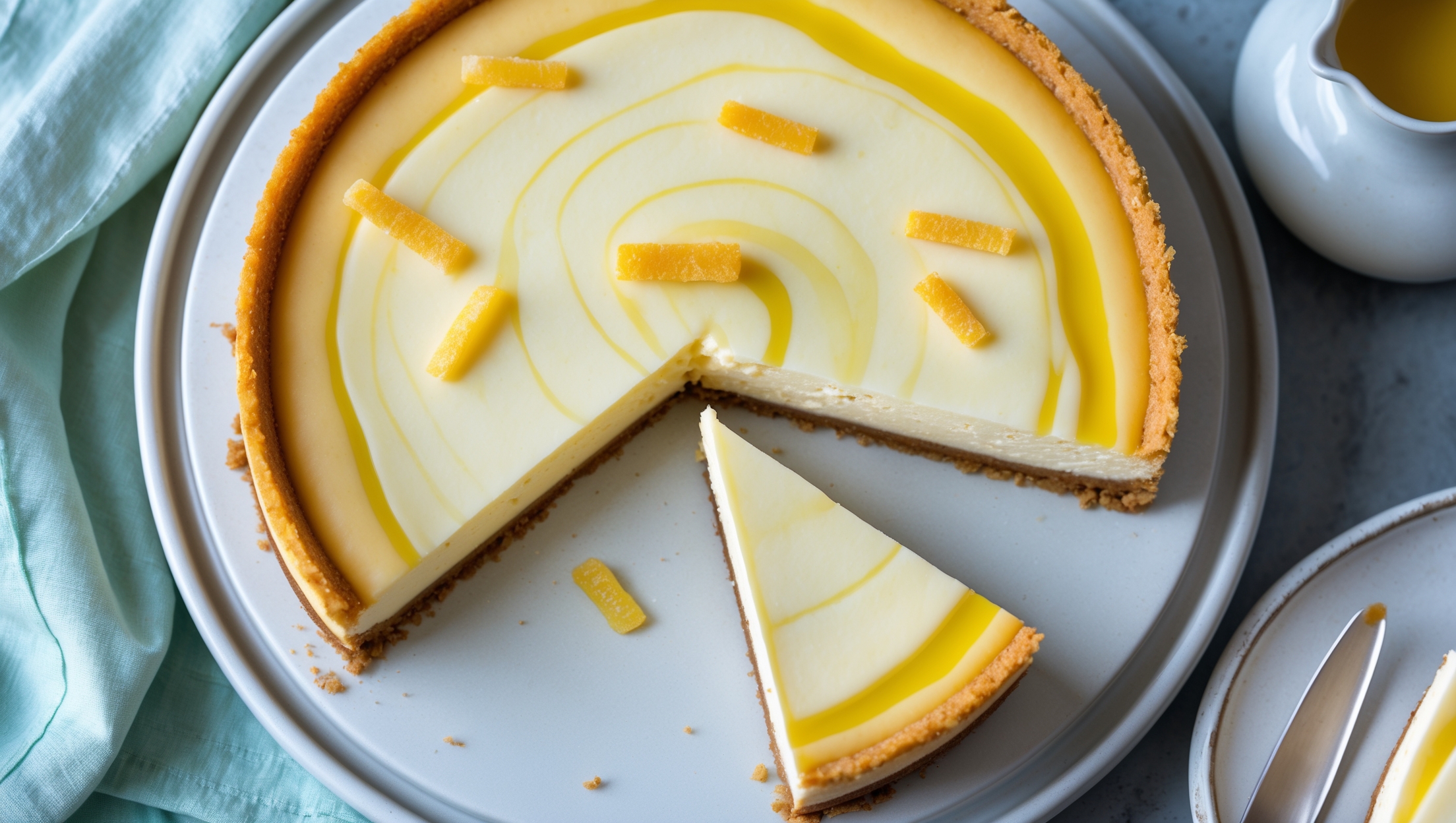 An overhead shot of a perfectly set Ginger Lemon Cheesecake with a golden, buttery gingersnap crust visible along the edges. The top surface displays a slight marbling of lemon curd swirled into the creamy filling, with thin ribbons of candied ginger scattered across for contrast. The cheesecake sits on a white ceramic cake stand against a pale blue linen, photographed in soft natural light that highlights the smooth, velvety texture. A slice has been removed, revealing the distinct layers and moist, dense interior, while a small pitcher of lemon-ginger sauce waits at the side, catching the light with its glossy finish.