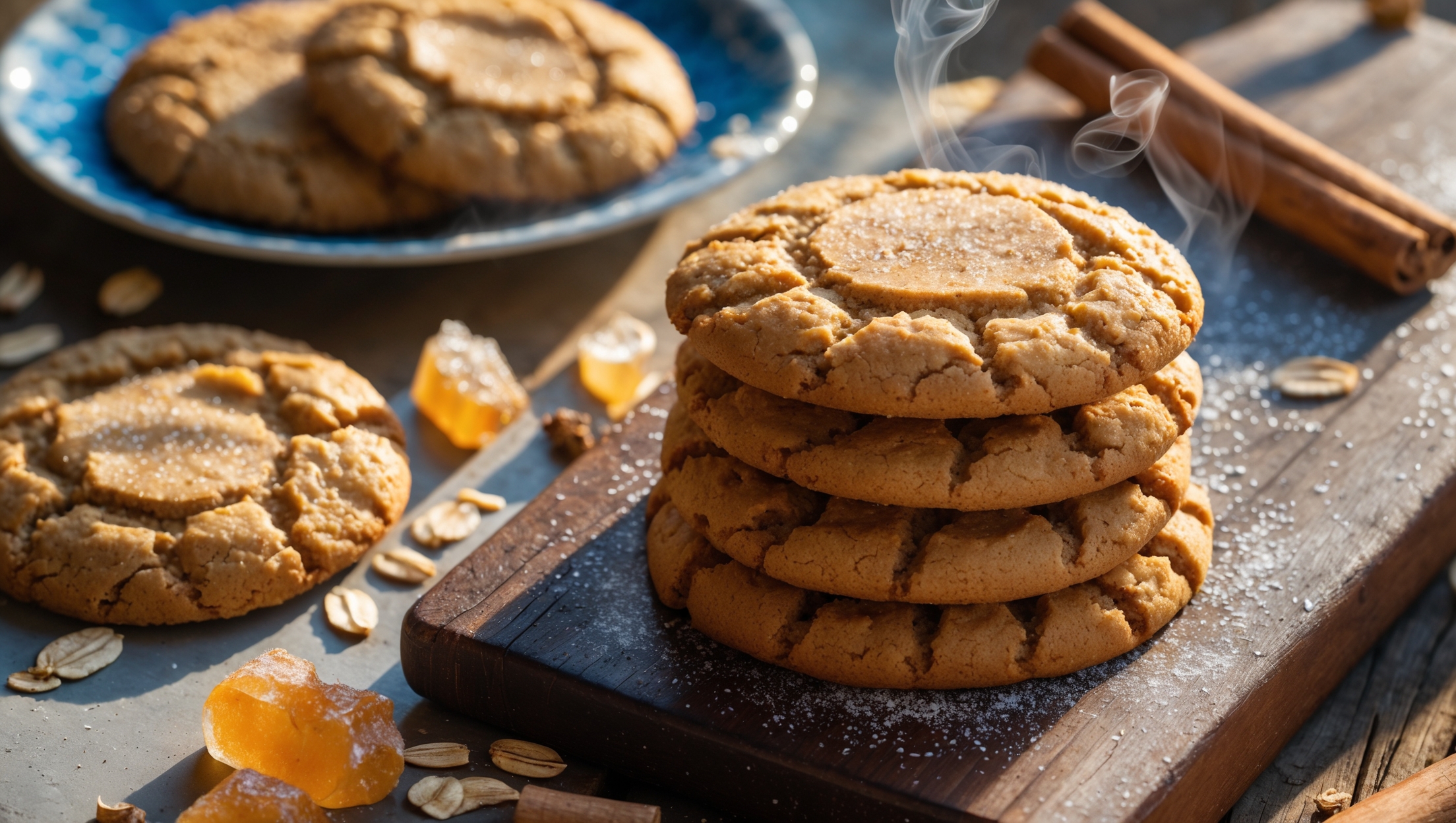 A stack of golden-brown ginger oatmeal cookies captured in warm afternoon light, with a few cookies artfully arranged nearby showing their perfect crackly tops and chewy centers. The cookies rest on a weathered wooden board beside a vintage blue ceramic plate, with scattered crystallized ginger pieces, cinnamon sticks, and rolled oats providing context to the ingredients. A dusting of demerara sugar catches the light, creating a sparkling effect across the cookies' textured surfaces, while steam rises subtly from a freshly broken cookie revealing its soft, chewy interior studded with oats and spices.