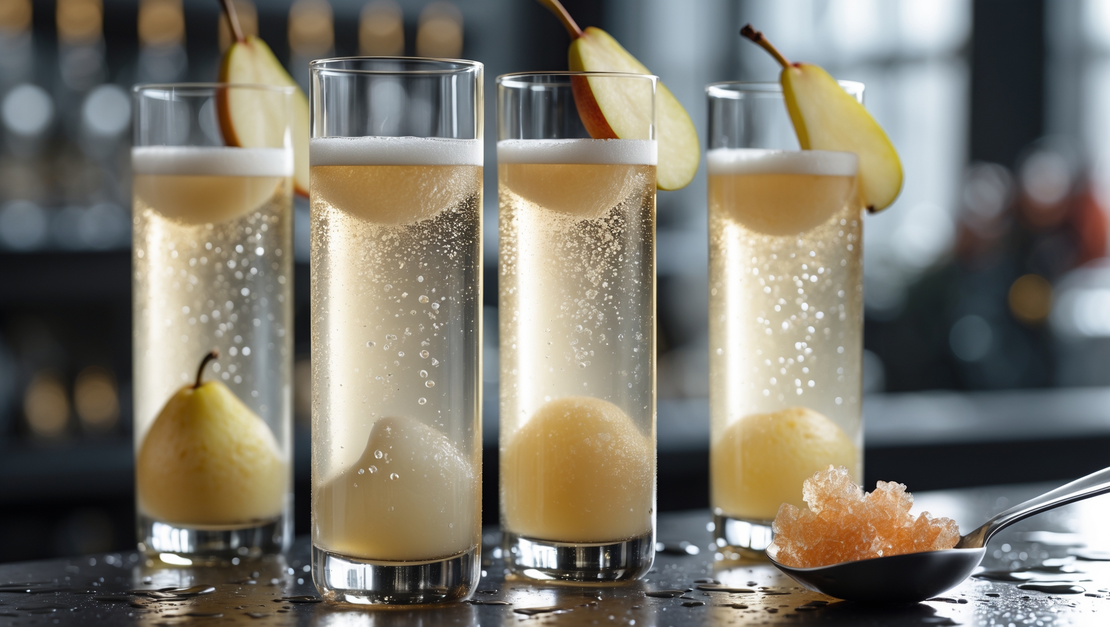 Champagne flutes stand tall against a softly blurred bar backdrop, each filled with a gradient of golden pear and prosecco topped with delicate bubbles that catch the light. A thread-thin slice of fresh pear clings to the rim while crystallized ginger rests on an accompanying silver spoon. Natural window light creates a subtle sparkle through the glass, highlighting the tiny bubbles rising continuously through the pale gold liquid. Droplets of condensation form on the exterior of the well-chilled flutes, suggesting the refreshing temperature of this elegant aperitif.