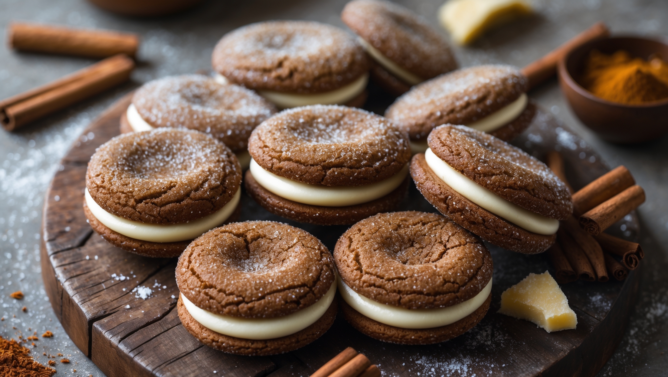 An overhead shot of rustic ginger sandwich cookies arranged in a casual spiral pattern on a weathered wooden board, with a few broken in half to reveal the creamy maple filling. Soft natural light streams in from the side, highlighting the cookies' crackly sugar-crusted surfaces and the warm amber tones of the ginger dough. In the background, scattered cinnamon sticks, crystallized ginger pieces, and a small bowl of ground spices add context and depth. The contrast between the dark, molasses-rich cookies and the pale, smooth filling creates a striking visual appeal, while a dusting of fine sugar catches the light like miniature snowflakes across the cookies' surfaces.