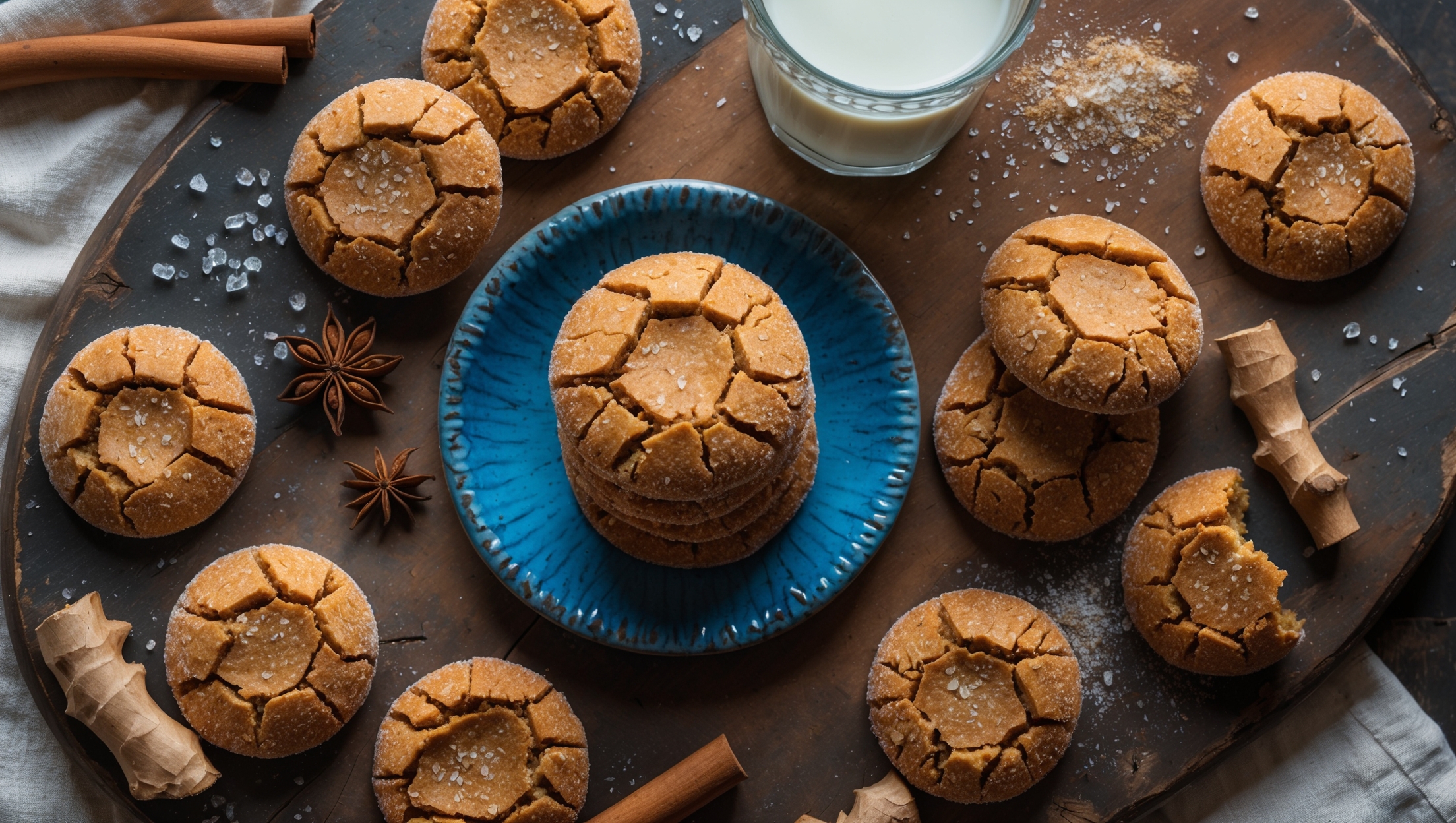 An overhead shot of rustic Ginger Spice Drop Cookies arranged on a weathered wooden board, with a few cookies broken open to reveal their soft, slightly chewy centers. The cookies have distinctive crackled tops and are a rich amber-brown color with visible specks of crystallized ginger catching the light. Shot in warm natural light, the scene includes scattered whole spices—cinnamon sticks, star anise, and fresh ginger root—artfully placed around the cookies. A vintage blue ceramic plate holds a small stack of cookies, with a glass of milk partially visible at the edge of the frame, suggesting the perfect pairing. A light dusting of sparkly turbinado sugar on the cookies' surfaces creates a subtle shimmer against their crackled texture.