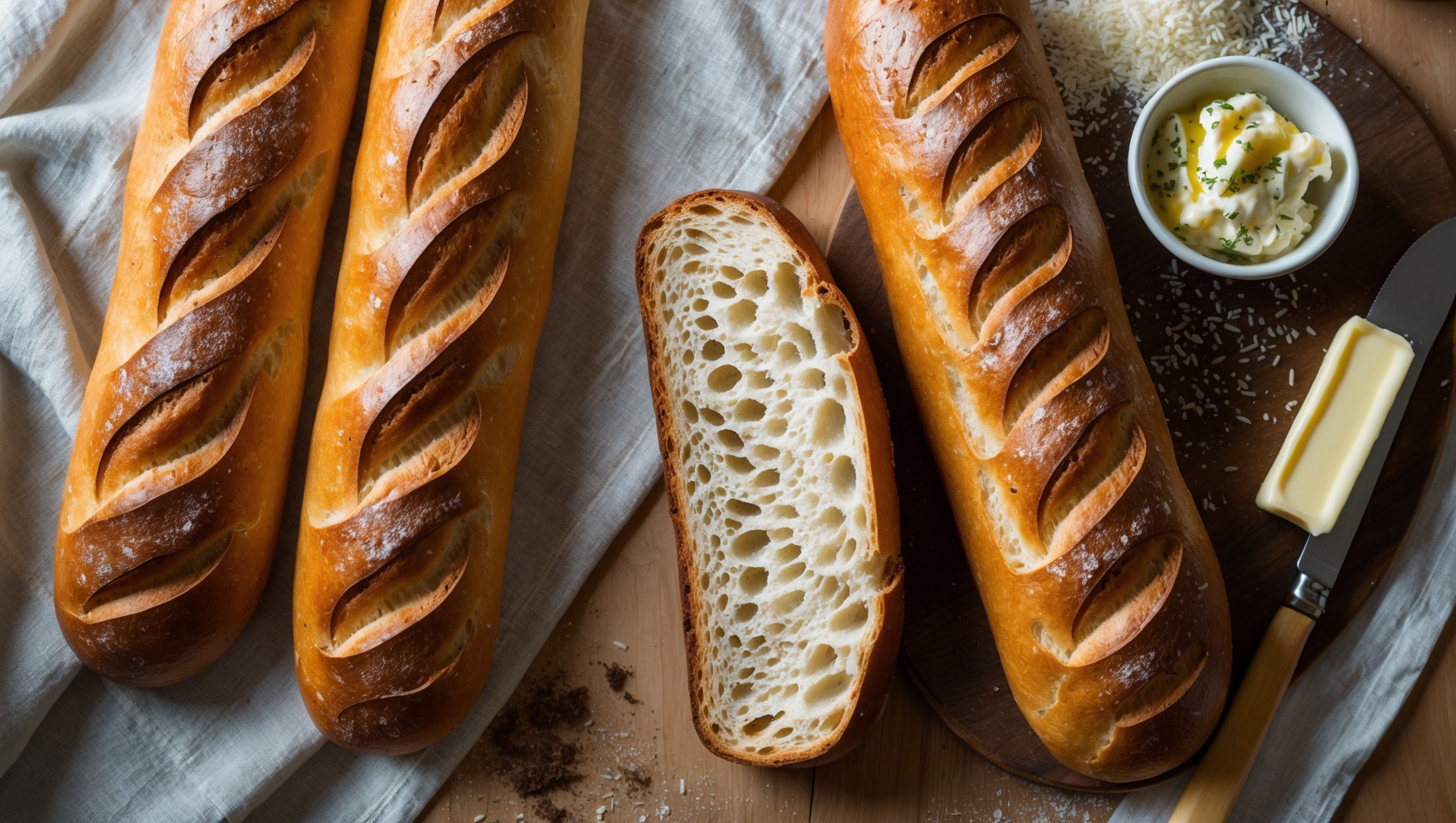 An overhead shot of two golden-brown gluten-free baguettes resting on a rustic linen cloth alongside a third baguette cut diagonally to reveal its airy, open crumb structure. Soft natural light streams in from the side, highlighting the crackling crust's intricate patterns and slight sheen from the water misting. A wooden board beneath creates warm contrast against the bread's caramel tones, while scattered rice flour and a few grains of psyllium husk add textural interest to the composition. A butter knife and small ramekin of herbed butter sit nearby, suggesting immediate enjoyment of the freshly baked bread.