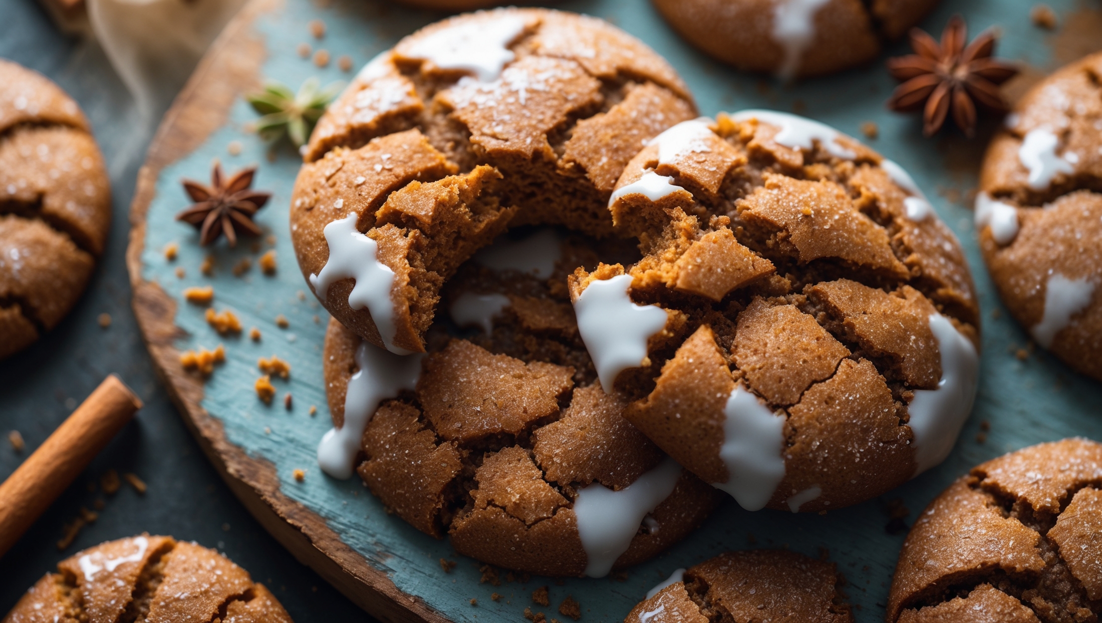 An overhead shot of rustic glazed ginger cookies arranged in a casual spiral on a weathered wooden board, with several cookies showing bite marks revealing their chewy centers. Soft natural light streams from the side, highlighting the glossy white glaze that drips slightly over the crackled, sugar-dusted tops. Close-up details capture the flecks of crystallized ginger studding the rich brown cookies, while scattered whole spices—cinnamon sticks, star anise, and fresh ginger root—create a storytelling border. The composition evokes cozy warmth with hints of steam suggesting they're freshly baked, emphasizing their aromatic spiced character and perfect balance of chew and crispness.