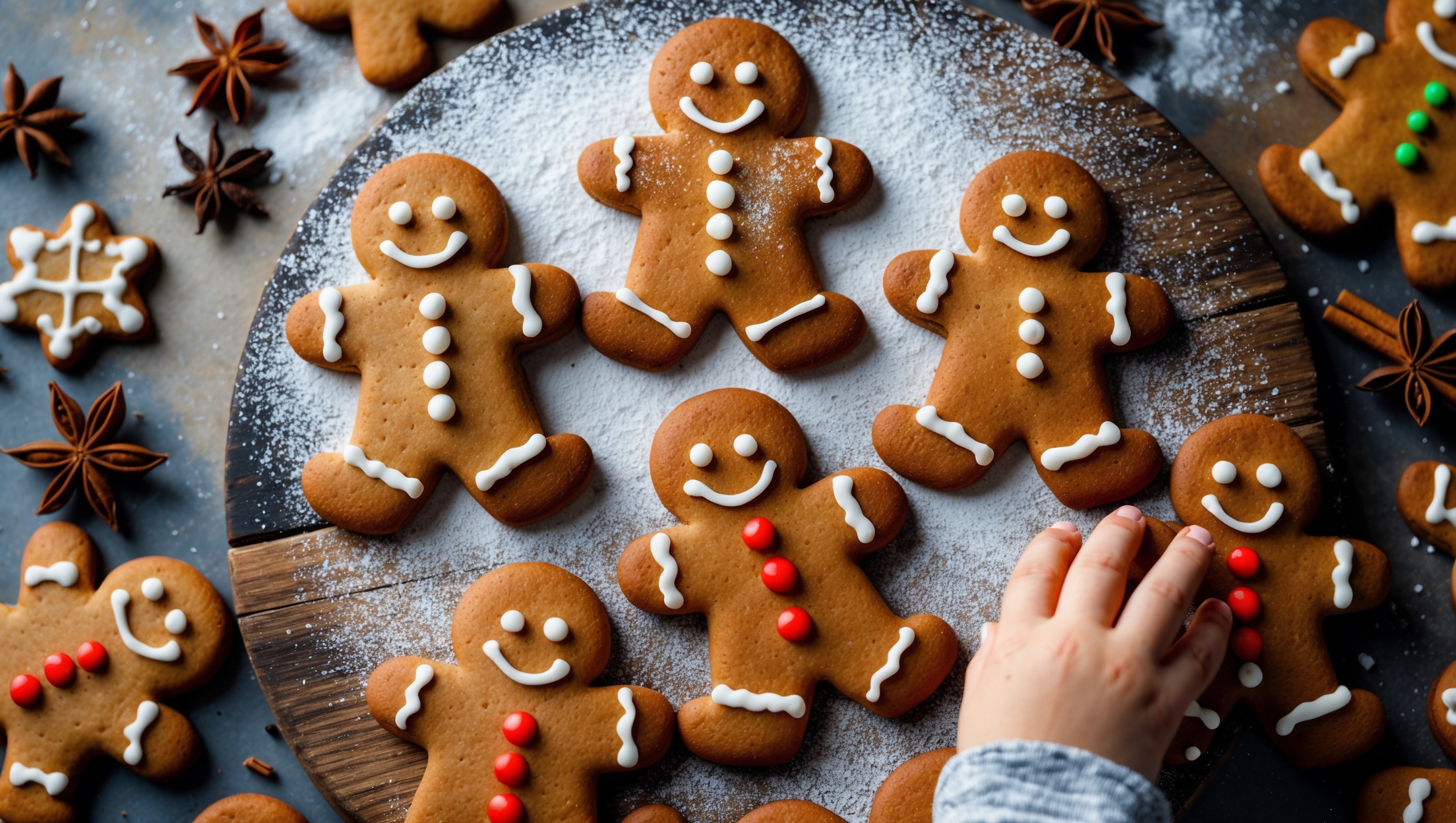 An overhead shot of perfectly shaped gingerbread figures arranged on a rustic wooden board, their deep amber-brown color contrasting beautifully with delicate white royal icing details. Several cookies feature classic decorative patterns, while others show charming facial expressions. In the background, a festive holiday setting with scattered whole spices—cinnamon sticks, star anise, and cloves—adds context and depth. The soft, diffused natural light highlights the slight sheen on the cookies' surface, while a dusting of powdered sugar mimics snow, completing this quintessential winter baking scene. A child's hand reaches for a cookie, suggesting the irresistible appeal of these classic holiday treats.