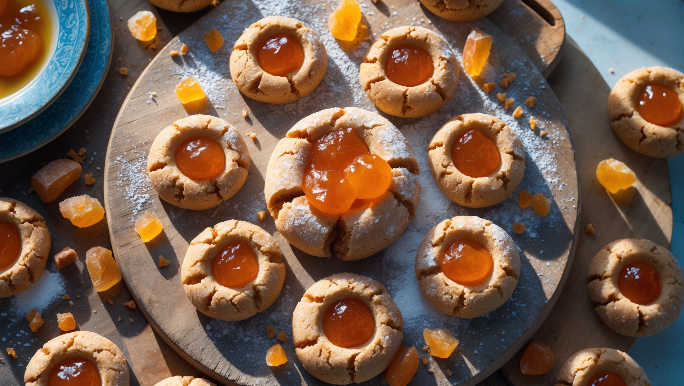 An overhead shot of golden-brown ginger thumbprint cookies arranged in a circular pattern on a weathered wooden serving board, bathed in soft natural window light that highlights their crackled edges and glistening jam centers. A close-up reveals the perfect balance between the crisp exterior and tender interior, with vibrant orange apricot jam nestled in each thumbprint depression. Scattered around the cookies are crystallized ginger pieces and a light dusting of powdered sugar, while a vintage blue ceramic plate holds a small stack of cookies in the corner. The warm amber tones of the cookies contrast beautifully against the cool blue ceramics and the natural wood background.