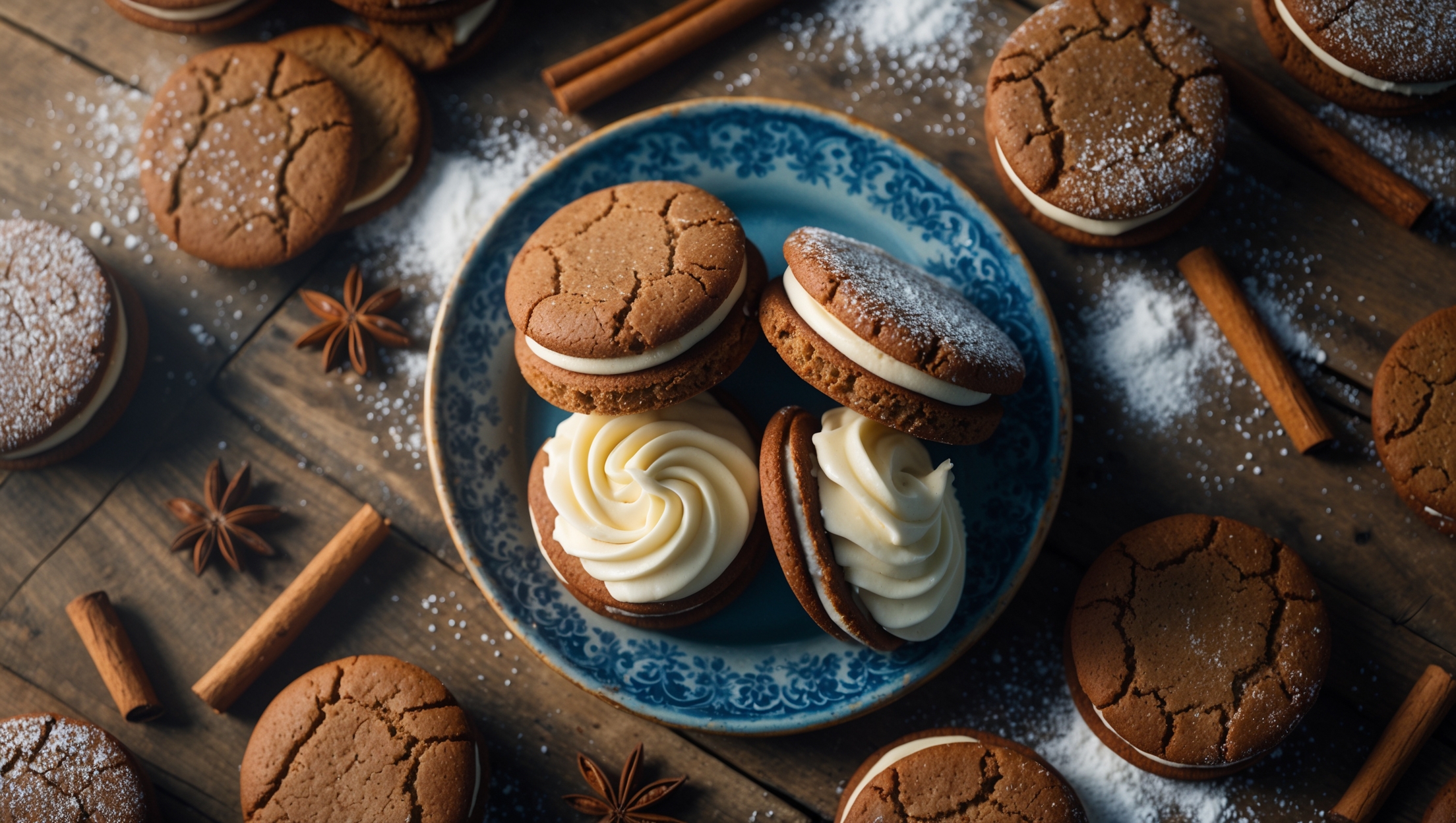 An overhead shot displays a rustic wooden board scattered with gingerbread sandwich cookies in various arrangements – some stacked, others broken open to reveal the creamy filling. Golden afternoon light casts a warm glow, highlighting the cookies' crackly, sugar-dusted tops and rich brown color. A close-up reveals the perfect sandwich construction: two thin, slightly chewy gingerbread cookies embracing a generous swirl of smooth vanilla buttercream. Surrounding the display are scattered cinnamon sticks, star anise, and a light dusting of powdered sugar, creating a cozy holiday atmosphere. A vintage blue ceramic plate holds the hero cookies, creating beautiful contrast against the deep molasses color of the gingerbread and the pristine white filling.