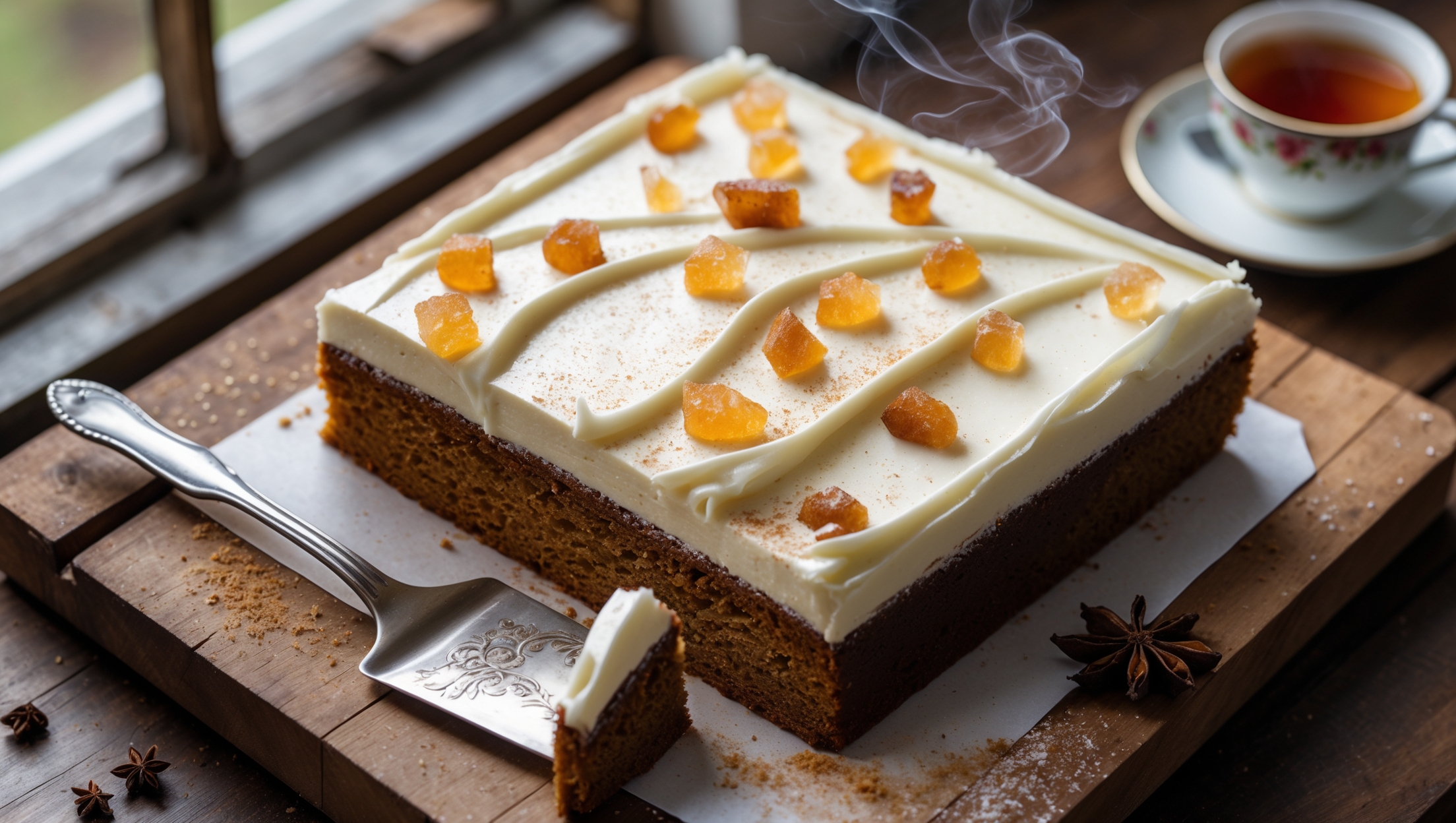An overhead shot captures a rustic wooden board holding a square of gingerbread sheet cake with one slice partially pulled away, revealing its dense, moist crumb. The cake's deep amber color contrasts beautifully with the pristine white cream cheese frosting swirled on top, scattered with crystallized ginger pieces that glisten in the soft natural light streaming through a kitchen window. A vintage cake server rests beside the cut piece, with faint dusting of ground cinnamon and whole star anise artfully arranged nearby, emphasizing the cake's warming spice profile. Steam rises subtly from a freshly poured cup of tea nearby, suggesting the perfect pairing for this classic winter treat.