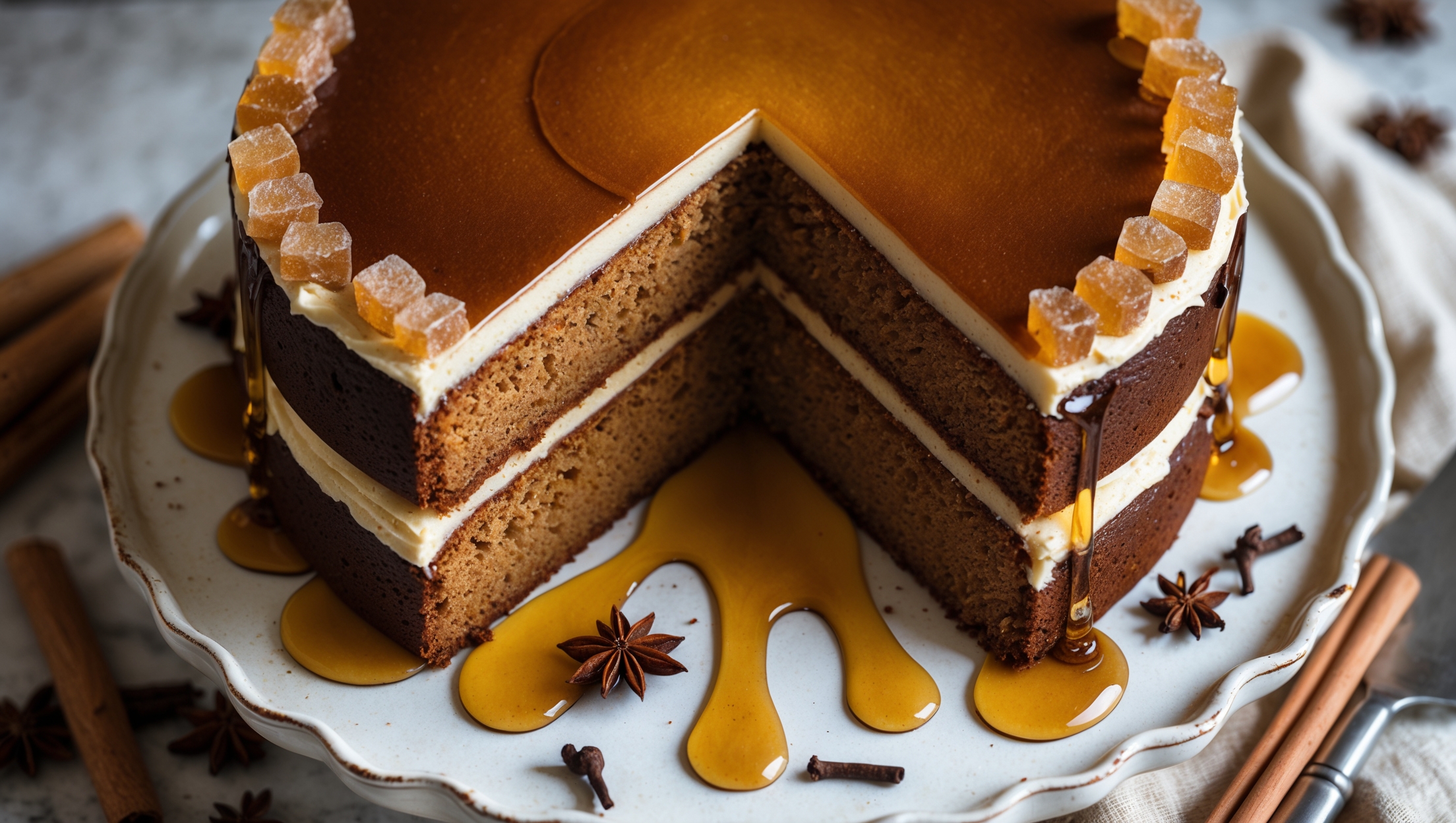An overhead shot of a rustic three-layer gingerbread cake on a vintage white ceramic cake stand, soft natural light highlighting its deep amber color. The cross-section reveals moist, tender cake layers separated by creamy maple frosting. Crystallized ginger pieces glisten along the top edge while maple syrup drips elegantly down the sides, pooling slightly on the stand. Scattered whole spices—cinnamon sticks, star anise, and cloves—surround the base, complementing the cake's warm brown tones and suggesting its aromatic flavor profile. A wooden cake server rests nearby on a textured linen napkin, ready to slice into the spiced creation.