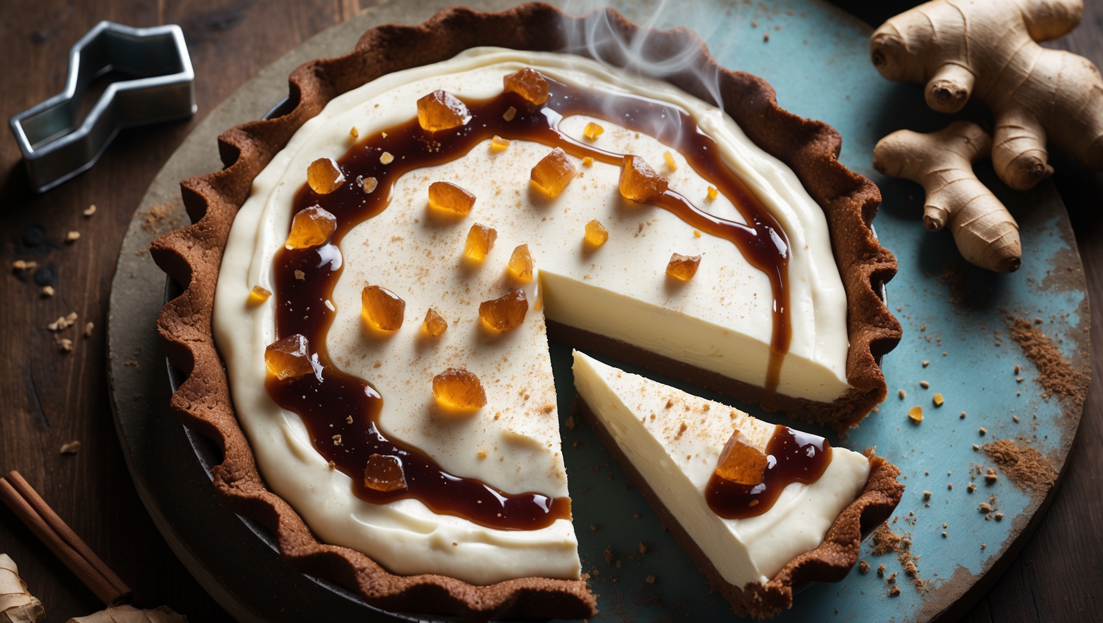An overhead shot captures a rustic Gingerbread Cream Pie with a deep amber crust, its edges perfectly crimped. A cross-section reveals the contrast between the dark spiced crust and cloud-like vanilla cream filling. Soft natural light highlights the glossy molasses drizzle cascading over the cream's surface, while scattered crystallized ginger pieces add sparkle. The pie rests on a weathered wooden board dusted with cinnamon, surrounded by vintage cookie cutters and fresh ginger root. Steam rises gently, suggesting it was just sliced, with one perfect wedge pulled slightly away to showcase the clean, defined layers.