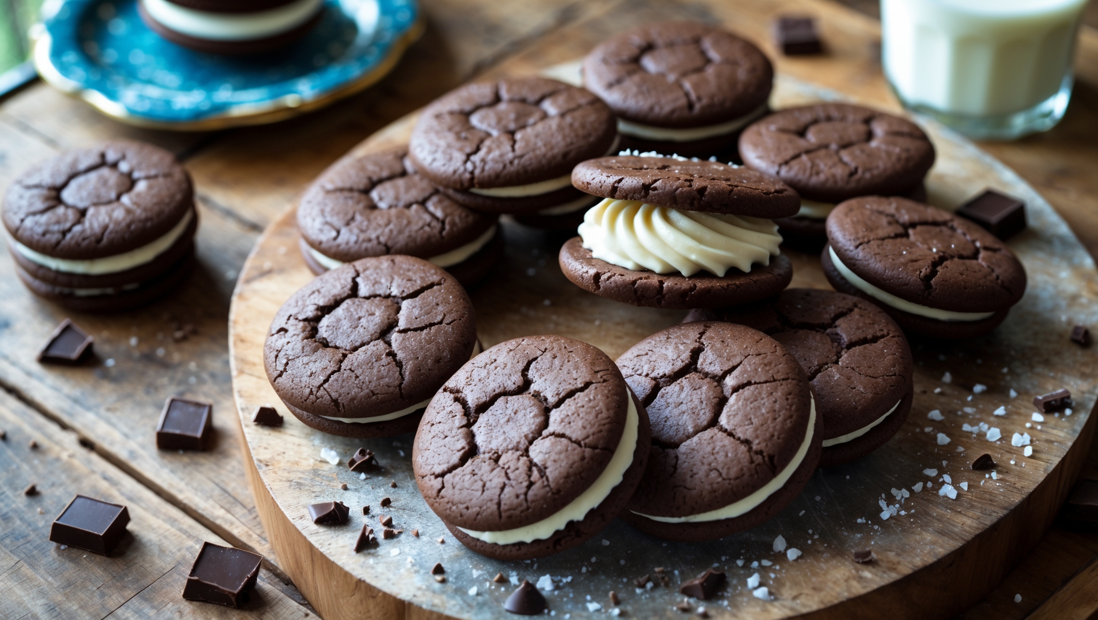 An overhead shot of perfectly round chocolate sandwich cookies arranged in a casual spiral pattern on a rustic wooden board, with one cookie broken in half in the foreground revealing the smooth vanilla cream filling contrasting beautifully against the dark chocolate cookies. Scattered chocolate chunks and a light dusting of sea salt catch the soft natural light streaming through a nearby window, highlighting the cookies' slightly crackled tops and chewy centers. A vintage blue ceramic plate holds a small stack of cookies in the background, while a glass of milk sits just out of focus, creating a homey, inviting scene that emphasizes the classic comfort of these gluten-free treats.