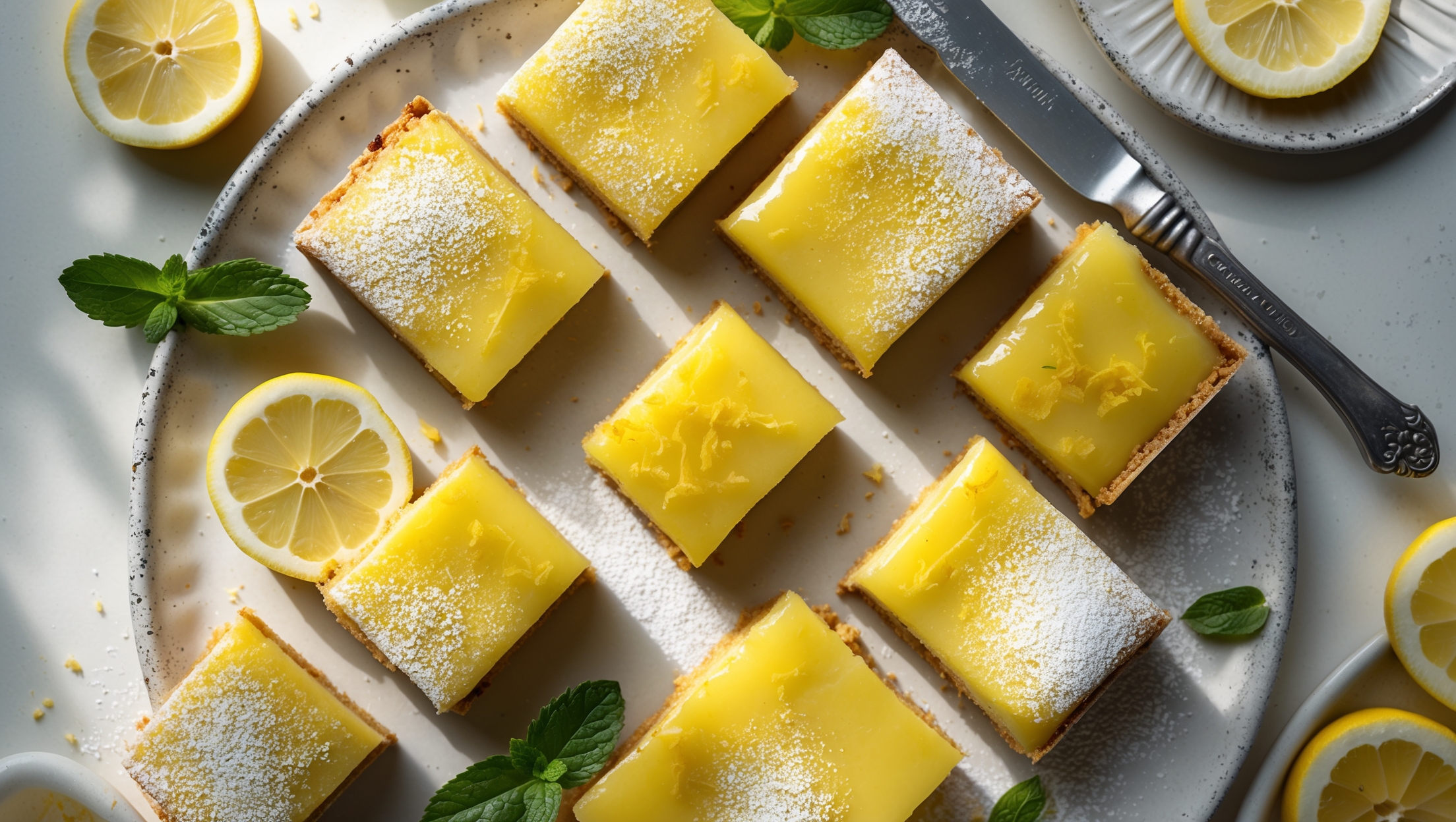 An overhead shot reveals a pristine arrangement of gluten-free lemon bars dusted with powdered sugar, their vibrant yellow filling contrasting beautifully against the golden brown crust. Soft natural light streams across the scene, highlighting the smooth, glossy surface of the lemon layer. A cross-section view displays the clear distinction between the substantial shortbread-like base and the silky, custard-like topping. Arranged on a rustic white ceramic platter garnished with fresh lemon slices and mint leaves, with a vintage silver serving knife nearby. Several bars are positioned at various angles, revealing their perfect layers and consistency, while flecks of lemon zest add visual texture against the bright yellow filling.