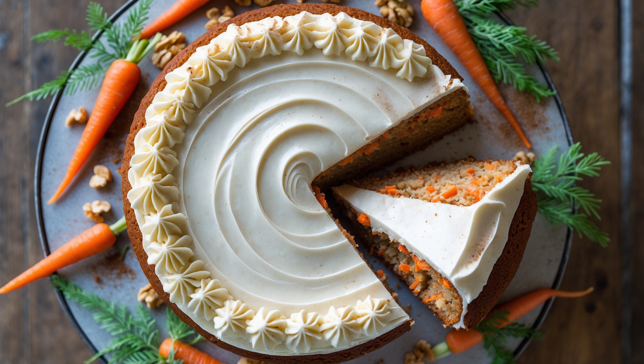 An overhead shot of a rustic gluten-free carrot cake with a generous layer of smooth cream cheese frosting swirled artistically on top. Natural light streams through to highlight the moist, speckled interior crumb revealed by a missing slice. Orange-hued cake layers studded with visible carrot shreds and chopped walnuts create beautiful texture contrast against the pure white frosting. Decorative carrot fronds and a light dusting of cinnamon frame the cake, which rests on a weathered wooden cake stand. Scattered walnut pieces and tiny carrot decorations around the base add dimension and reinforce the cake's natural ingredients.