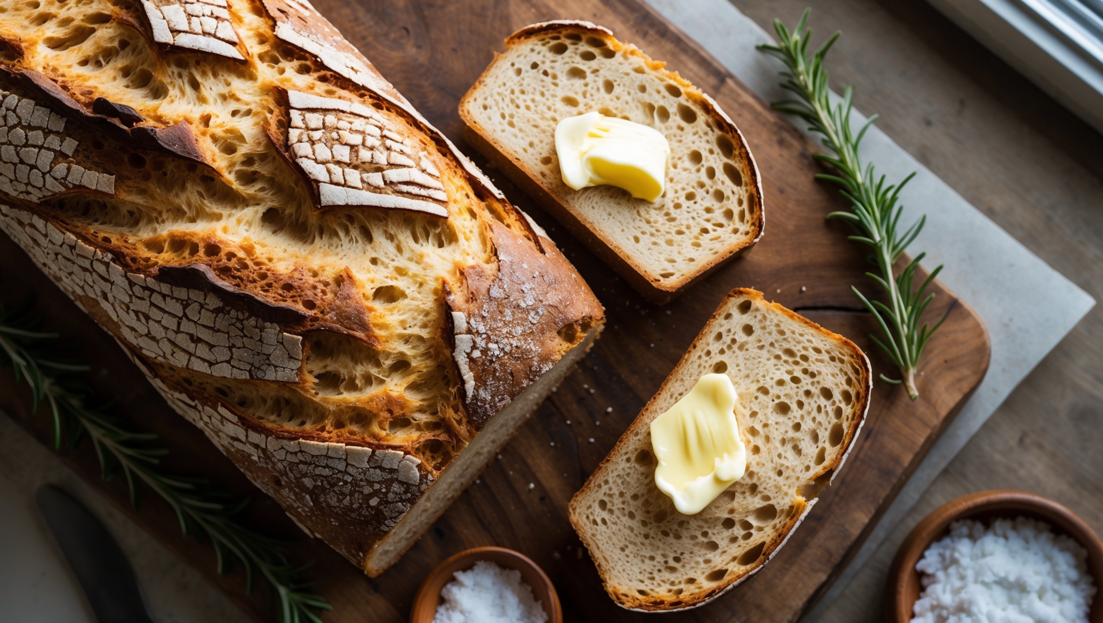 An overhead shot of a freshly baked gluten-free loaf with a golden-brown, slightly crackled crust resting on a rustic wooden cutting board. A cross-section view reveals the bread's impressively airy crumb structure with even bubbles throughout. Soft natural light streams in from a nearby window, highlighting the bread's textural details. Several slices are arranged beside the loaf, one topped with a glistening layer of melting butter. Scattered around the board are sprigs of fresh rosemary and a small bowl of flaky sea salt, complementing the artisanal appearance of this homemade specialty bread.