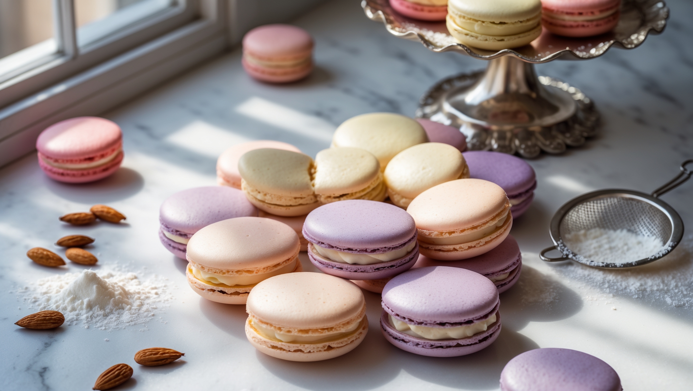 An overhead shot of perfectly formed gluten-free French macarons arranged in a spiral pattern on a white marble surface, showcasing their vibrant pastel colors—soft pink, pale yellow, and lavender. Soft natural light streams from a side window, highlighting the smooth, glossy tops and distinctive "feet" at their bases. A close-up reveals the delicate crisp shell giving way to the chewy interior, with a generous layer of buttercream filling visible between the paired cookies. Several loose almond flour particles and a small sifter dusted with powdered sugar sit artfully in the corner, while a vintage silver cake stand displays a small tower of macarons in the background, emphasizing their elegant, French patisserie heritage.