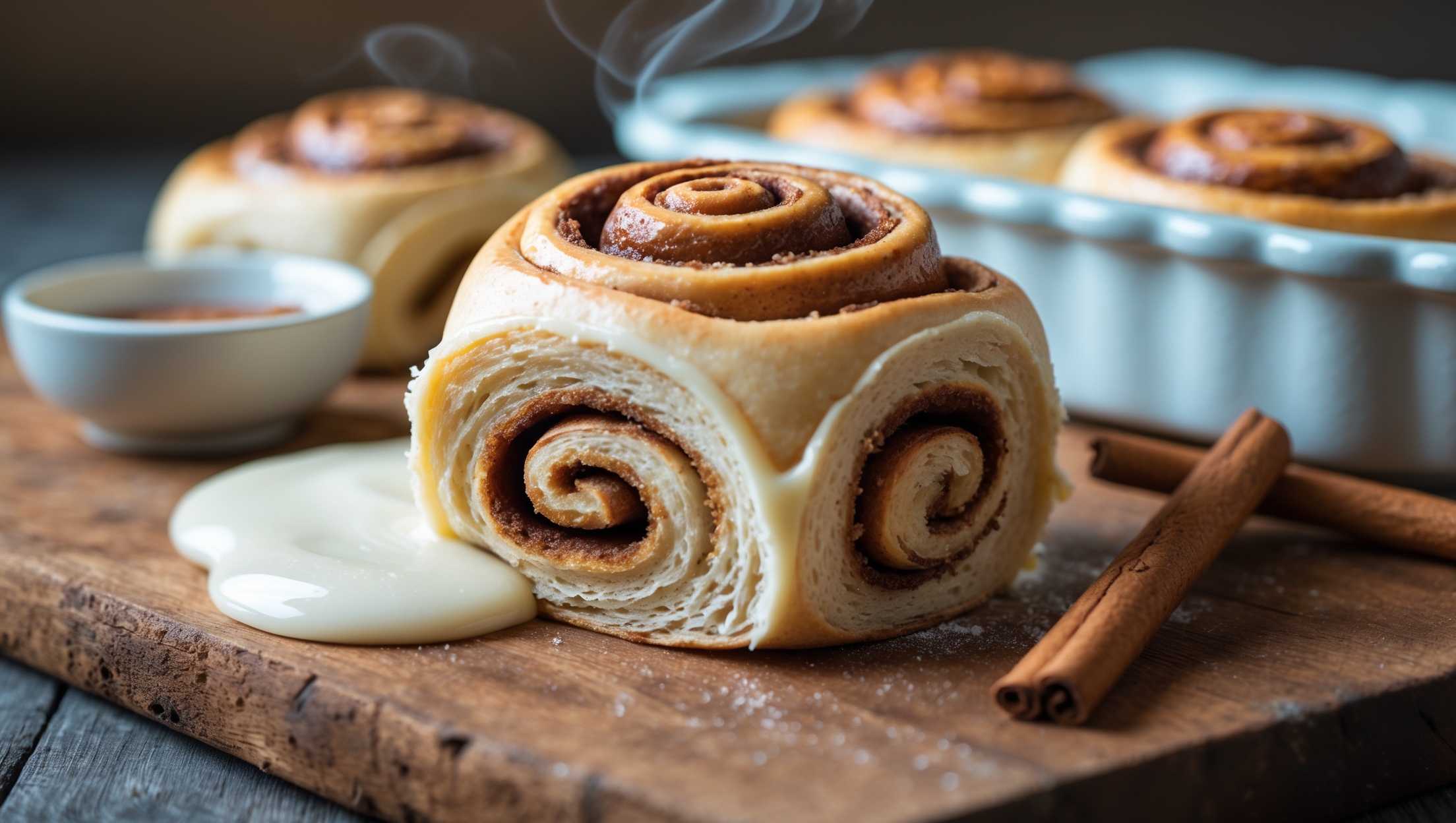 A close-up shot captures a freshly baked gluten-free cinnamon roll pulled slightly apart to reveal its tender, spiraled interior glistening with cinnamon-brown sugar filling. In soft natural light, the roll's surface shows a delicate golden-brown color contrast against the white cream cheese frosting that drips enticingly down its sides. The background features a rustic wooden board where more rolls rest in a vintage ceramic baking dish, with cinnamon sticks and a small bowl of icing strategically placed nearby. Steam visibly rises from the warm rolls, emphasizing their freshly baked quality and promising the classic comfort of cinnamon rolls despite being gluten-free.