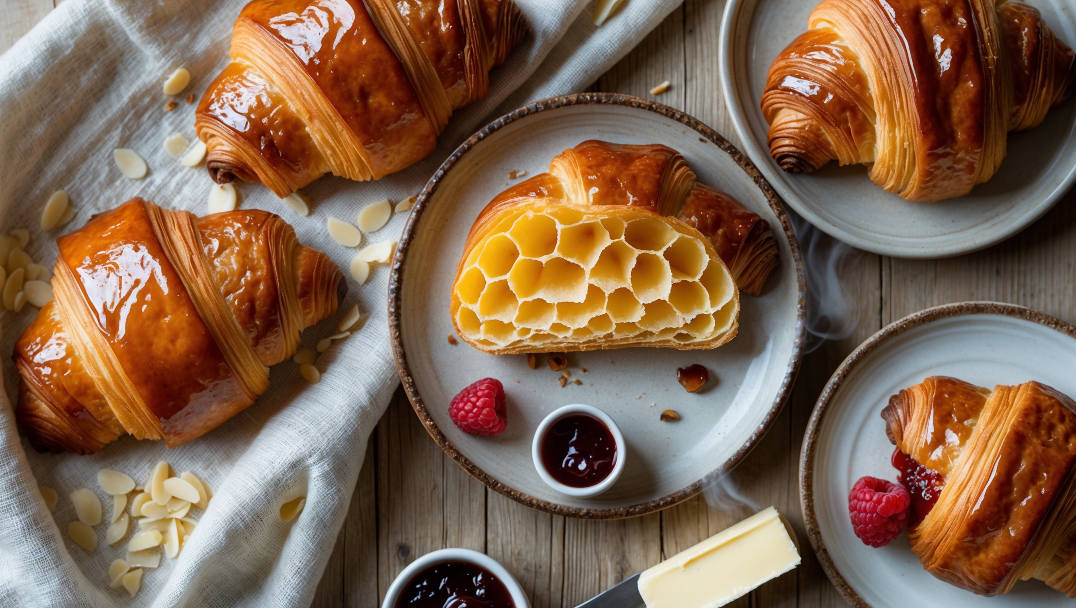 Overhead shot of golden-brown gluten-free croissants arranged on a rustic linen cloth with scattered almond flour. A dramatic cross-section of one croissant reveals delicate honeycomb layers inside the flaky pastry. Soft morning light streams in from the side, highlighting the glossy egg-washed exterior and crystalline sugar particles. A vintage ceramic plate holds a partially eaten croissant next to a small pot of raspberry jam and a butter knife with a curl of cultured butter. Steam wisps rise from a freshly-cut croissant, suggesting warmth and freshness. The neutral tones of the wooden table contrast with the rich amber pastries, emphasizing their perfect caramelization and crisp exterior.