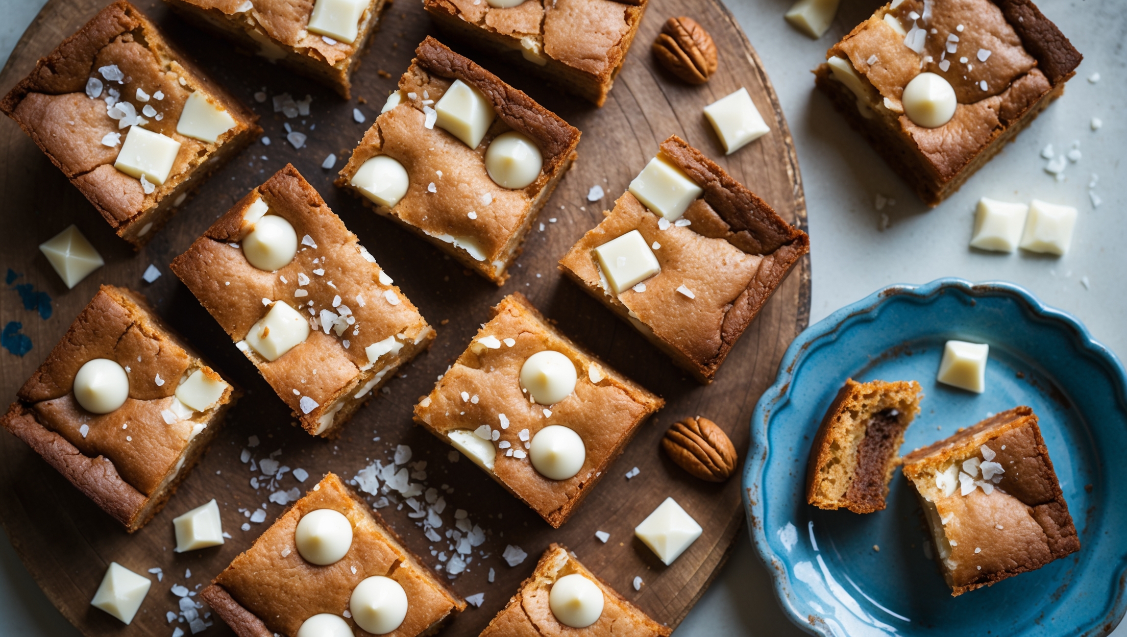 An overhead shot of golden-brown gluten-free blondies cut into perfect squares arranged on a rustic wooden board, with several pieces slightly offset to showcase their fudgy centers and crackly tops. Captured in soft natural light that highlights the glistening white chocolate chunks and caramelized edges. A sprinkle of flaky sea salt catches the light atop each blondie, while scattered toasted nuts and a few stray white chocolate pieces decorate the scene. A vintage blue ceramic plate holds a single blondie with a bite taken out, revealing the dense, moist interior texture that contrasts beautifully with the slightly firmer exterior.