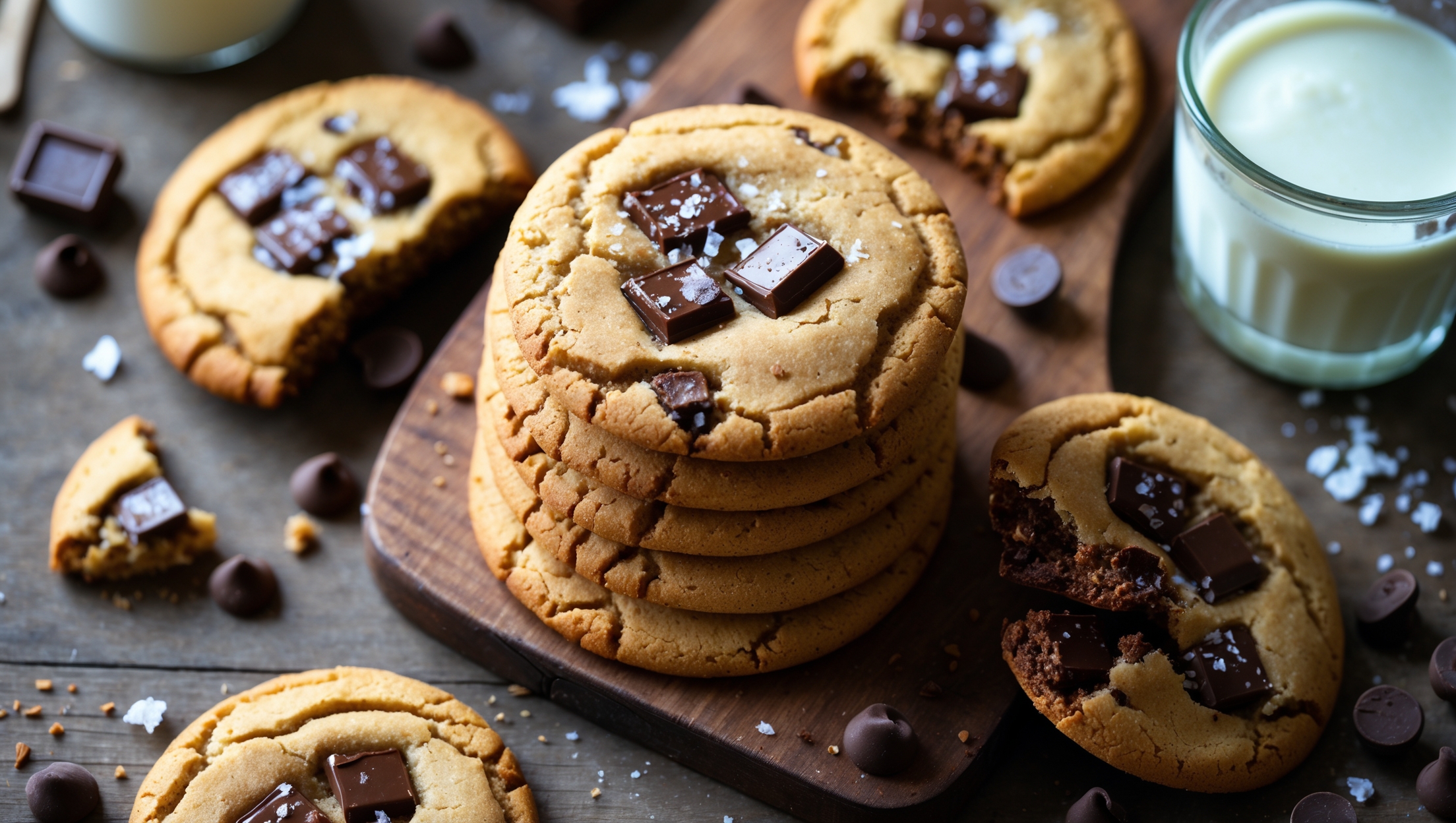 An overhead shot captures a rustic wooden board holding a stack of perfectly golden-brown gluten-free chocolate chip cookies, some whole and some broken to reveal melty chocolate chunks and a soft interior. In soft natural light, the cookies' slightly crackled tops glisten with a sprinkle of flaky sea salt, contrasting beautifully with the dark chocolate pieces. Around the composition, scattered chocolate chips, a small jar of almond flour, and a vintage glass of milk create context, while crumbs suggest someone has already eagerly sampled these irresistible treats.