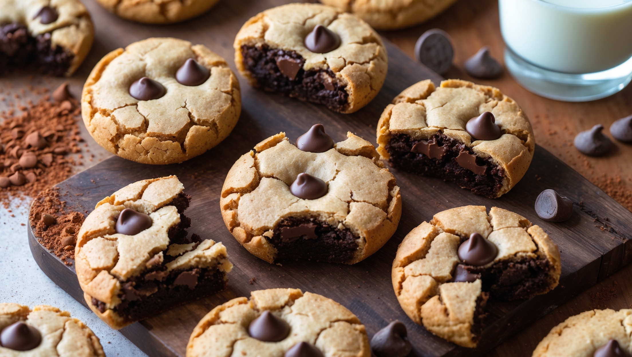 An overhead shot captures these gluten-free brookies arranged on a rustic wooden board, showcasing their distinctive dual personality - golden cookie edges with deep chocolate brownie centers. Soft natural light highlights the contrasting textures: crackly tops with visible chocolate chips melting throughout. A cross-section view reveals the perfect hybrid texture - crisp cookie exterior giving way to fudgy, moist brownie interior. Several brookies are broken open, exposing pockets of melted chocolate chips and the dense, fudgy crumb. In the background, scattered cocoa powder, a few whole chocolate chips, and a glass of milk create an inviting composition, while the warm afternoon light accentuates the golden-brown edges against the deep chocolate centers.