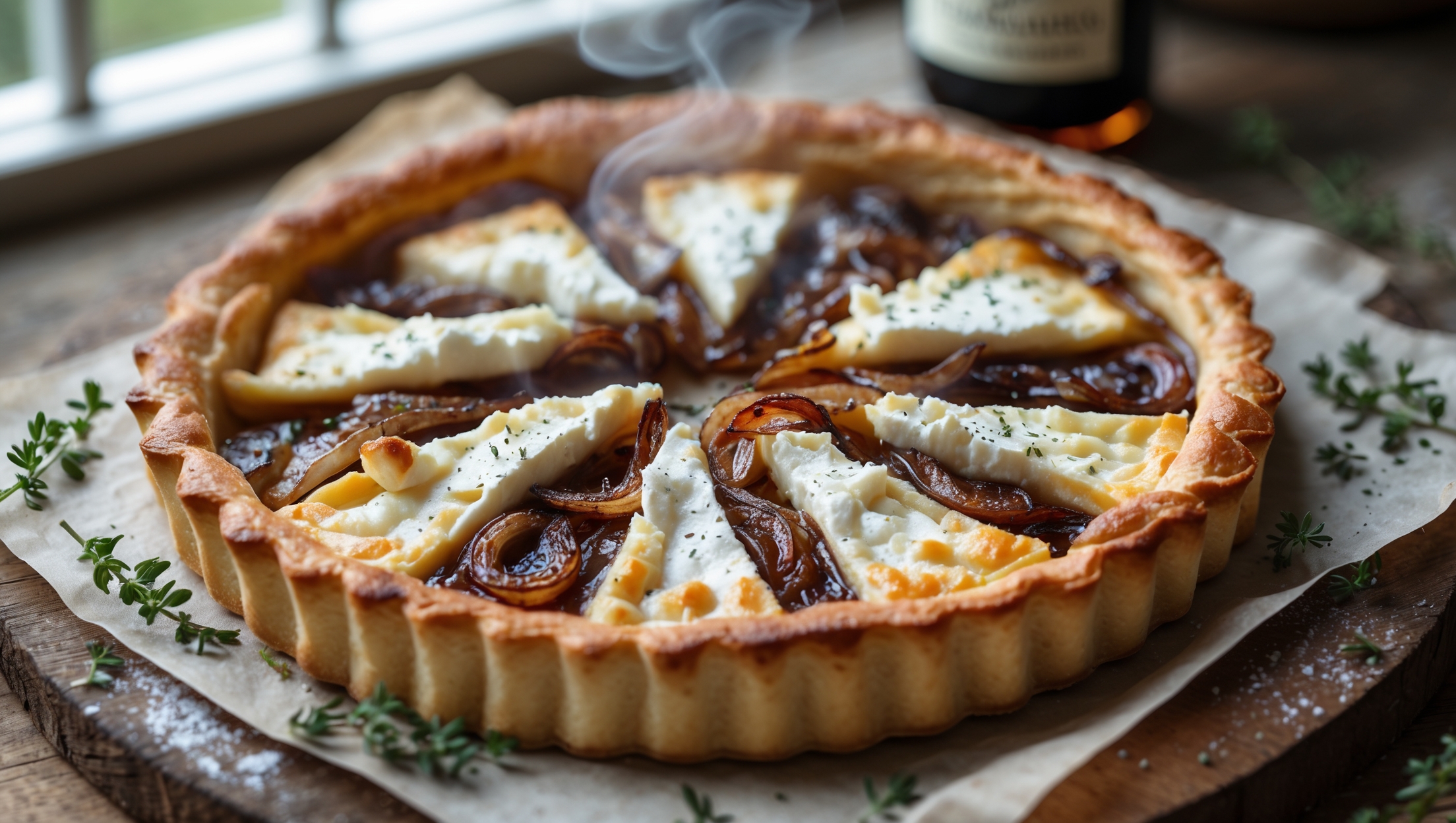 An overhead shot of a rustic Goat Cheese and Caramelized Onion Tart resting on a weathered wooden board, captured in soft natural light streaming through a kitchen window. The golden-brown pastry edges frame a filling of amber caramelized onions marbled with melted goat cheese that retains some of its distinctive white peaks. Steam rises gently from the freshly sliced wedge, revealing the contrast between the flaky layers of buttery crust and the rich, jammy onion filling. Scattered thyme sprigs and a light dusting of black pepper add visual texture, while a bottle of aged balsamic vinegar sits blurred in the background.