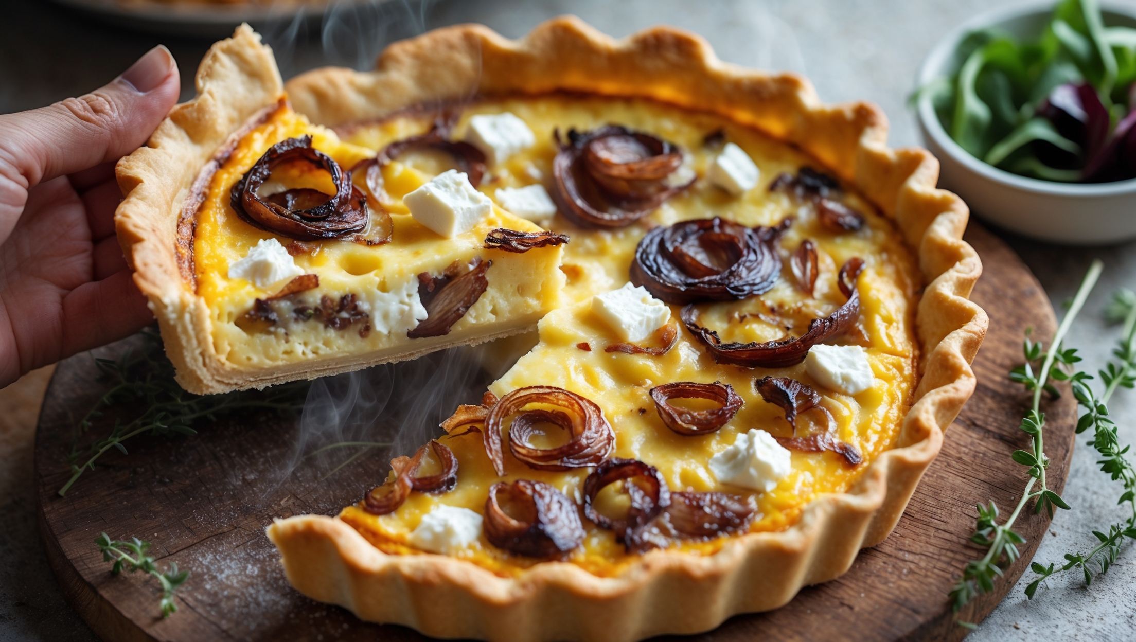 An overhead shot of a golden-brown quiche with a perfectly crimped pastry edge, showcasing a slice being lifted to reveal the silky custard interior studded with caramelized onions and pockets of melted goat cheese. Captured in soft natural light with visible steam rising, the quiche sits on a rustic wooden board alongside fresh thyme sprigs and a small bowl of mixed greens. The cross-section displays layers of deeply caramelized onions against the creamy filling, with the flaky, buttery crust providing a beautiful textural contrast.