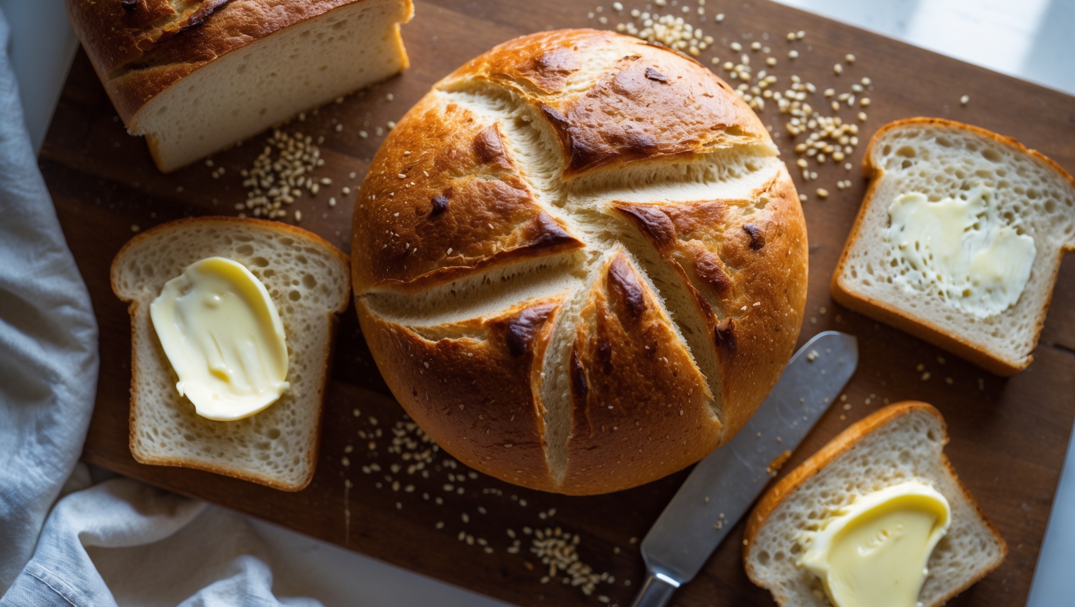 An overhead shot of a freshly baked loaf of gluten-free sandwich bread with a beautiful golden-brown domed top, resting on a wooden cutting board. A cross-section view reveals the bread's impressive even crumb structure—soft, slightly open, but sturdy enough for sandwiches. A few slices are arranged nearby, one spread with butter that's just beginning to melt into the warm bread. The scene is bathed in gentle natural light streaming through a kitchen window, highlighting the bread's tender texture and slight sheen. Scattered rice flour and a few grains of millet create visual interest around the loaf, emphasizing the specialty ingredients that make this gluten-free creation possible.