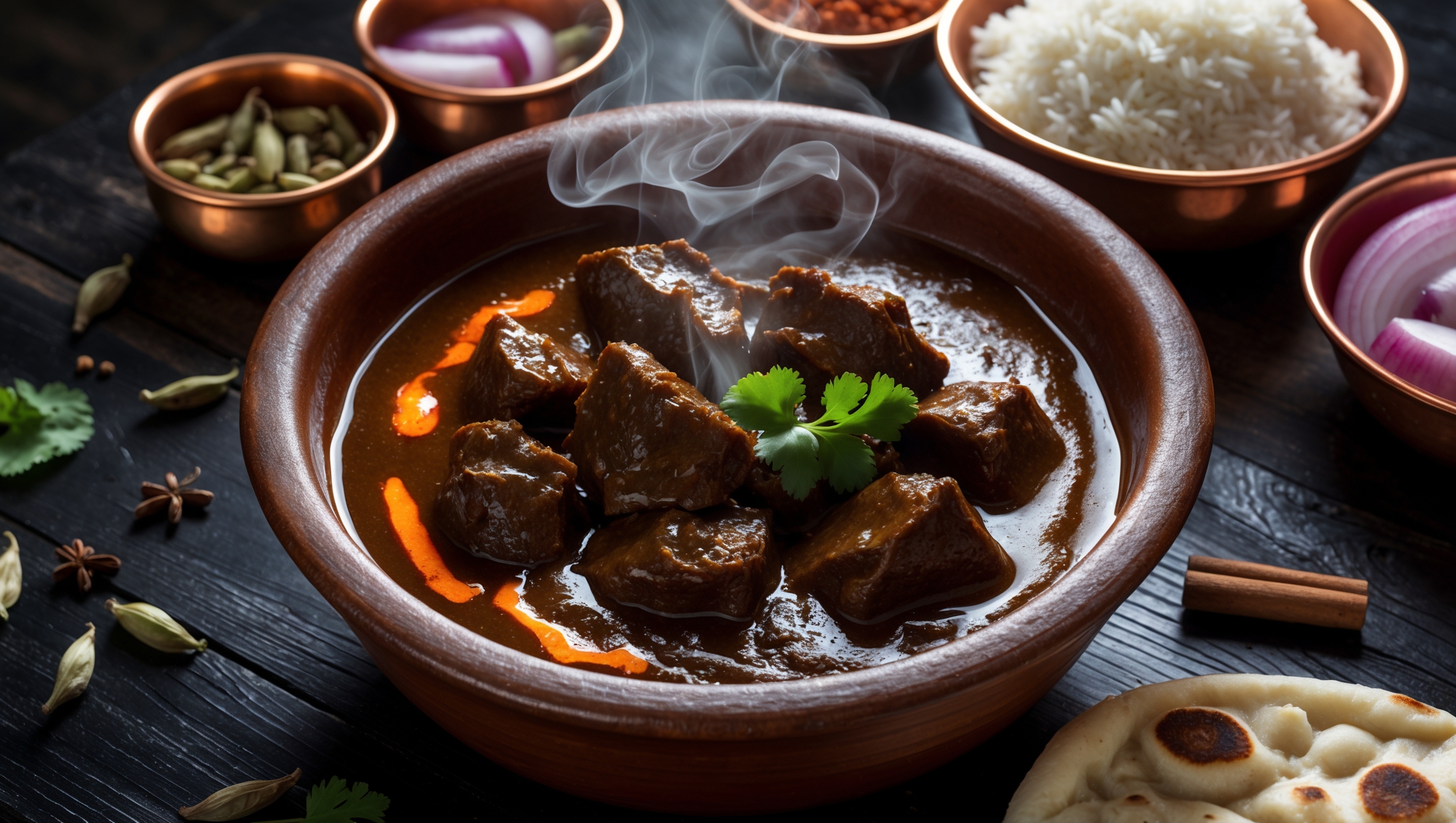 An overhead shot of a rustic, earthenware bowl filled with glossy, dark reddish-brown goat curry, where tender meat chunks peek through the thick, aromatic sauce. Steam rises gently, catching the warm, directional lighting that highlights the vibrant orange oil slicks on the surface. Surrounding the main dish are small copper bowls of colorful accompaniments—fluffy basmati rice, fresh coriander, and sliced red onions. Scattered whole spices—cardamom pods, cinnamon sticks, and cloves—create visual context on the dark wooden table, while a piece of naan bread rests partially in frame, ready to scoop up the rich sauce.