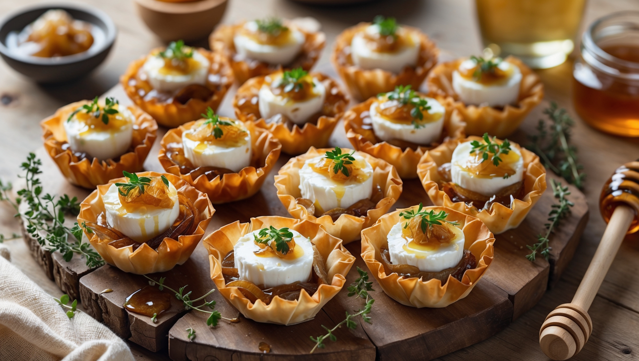 An overhead shot of a rustic wooden serving platter holding twelve golden-brown phyllo cups arranged in neat rows, each filled with creamy white goat cheese topped with glistening amber caramelized onions. A gentle sprinkle of fresh thyme adds vibrant green flecks across the tops, while a drizzle of honey creates delicate glossy threads. The warm natural light accentuates the flaky, crisp layers of the phyllo pastry and the slight crackle at the edges of each cup. In the background, a small bowl of extra caramelized onions and a jar of honey with a wooden dipper suggest serving options, while a glass of white wine hints at perfect pairing possibilities.